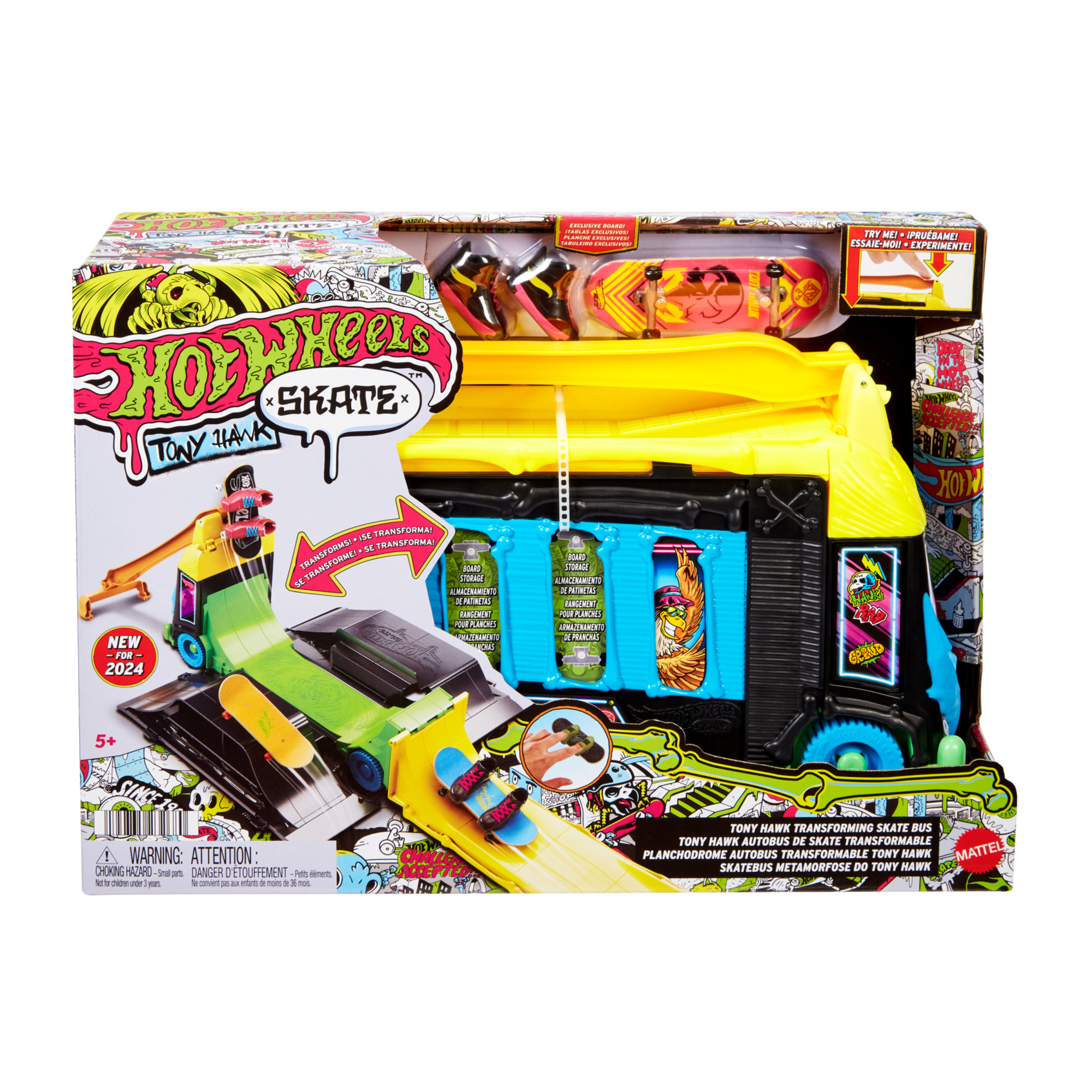 Hot wheels skate - bus trasformabile tony hawk, diventa uno skatepark, fingerboard e scarpine da skate incluse - Hot Wheels