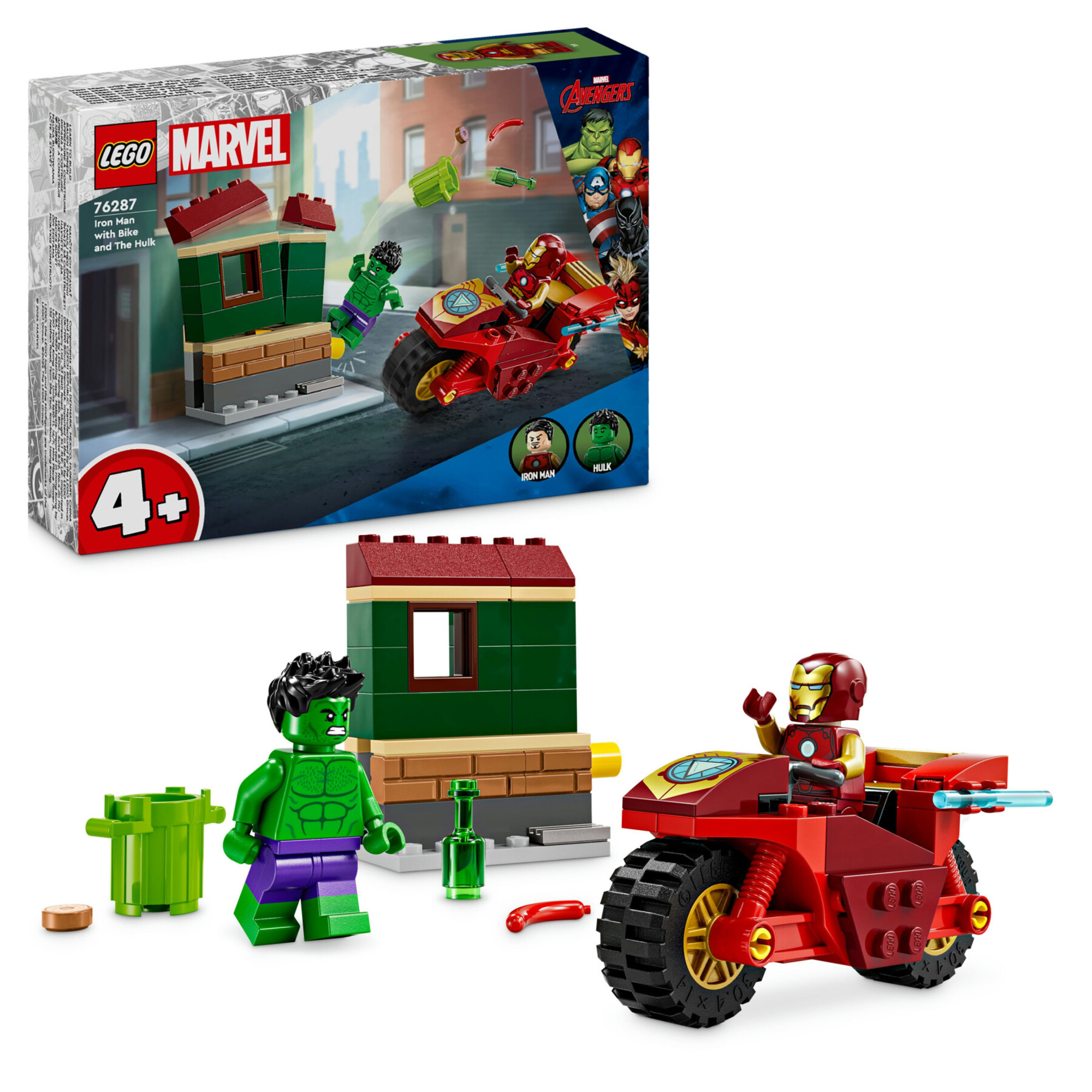 Lego marvel 76287 iron man con moto e the hulk, giocattolo con 2 minifigure di supereroi avengers, giochi per bambini 4+ - Lego