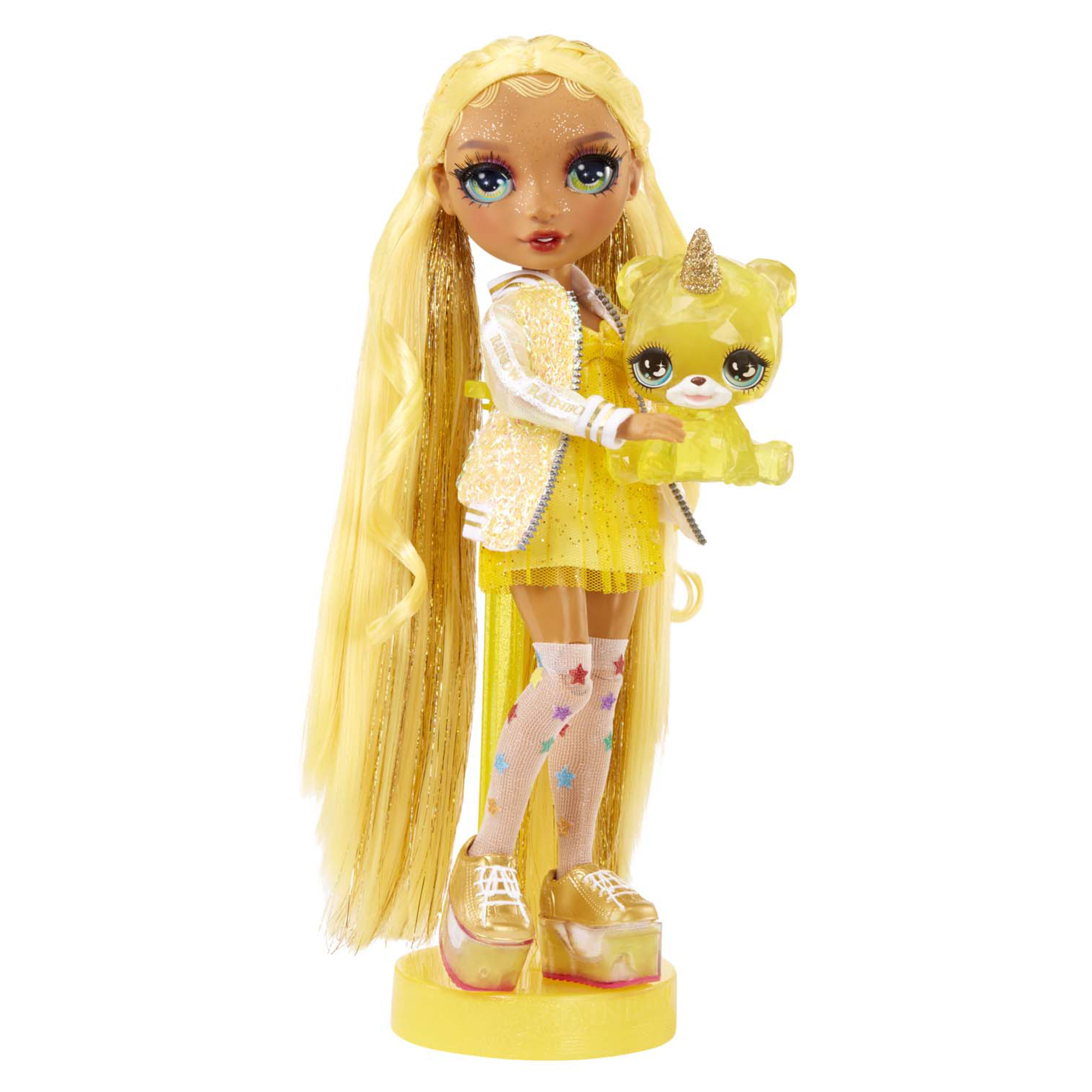 Rainbow high fashion doll con slime & animale - sunny (giallo) - bambola da 28 cm con slime scintillante, animale magico e accessori alla moda - Rainbow High