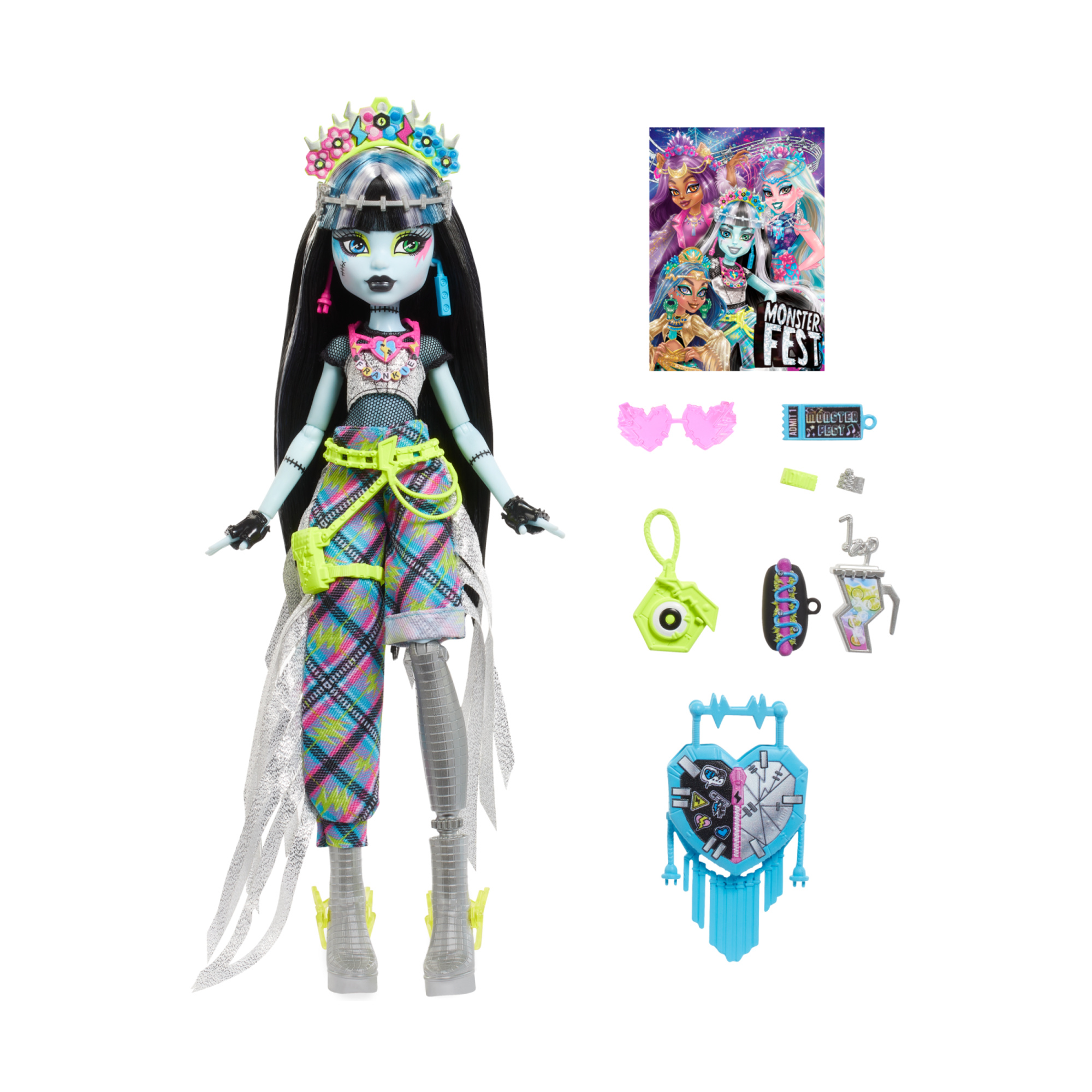 Monster high - frankie stein monster fest, bambola con outfit glamour e accessori a tema festival musicale inclusi - Monster High