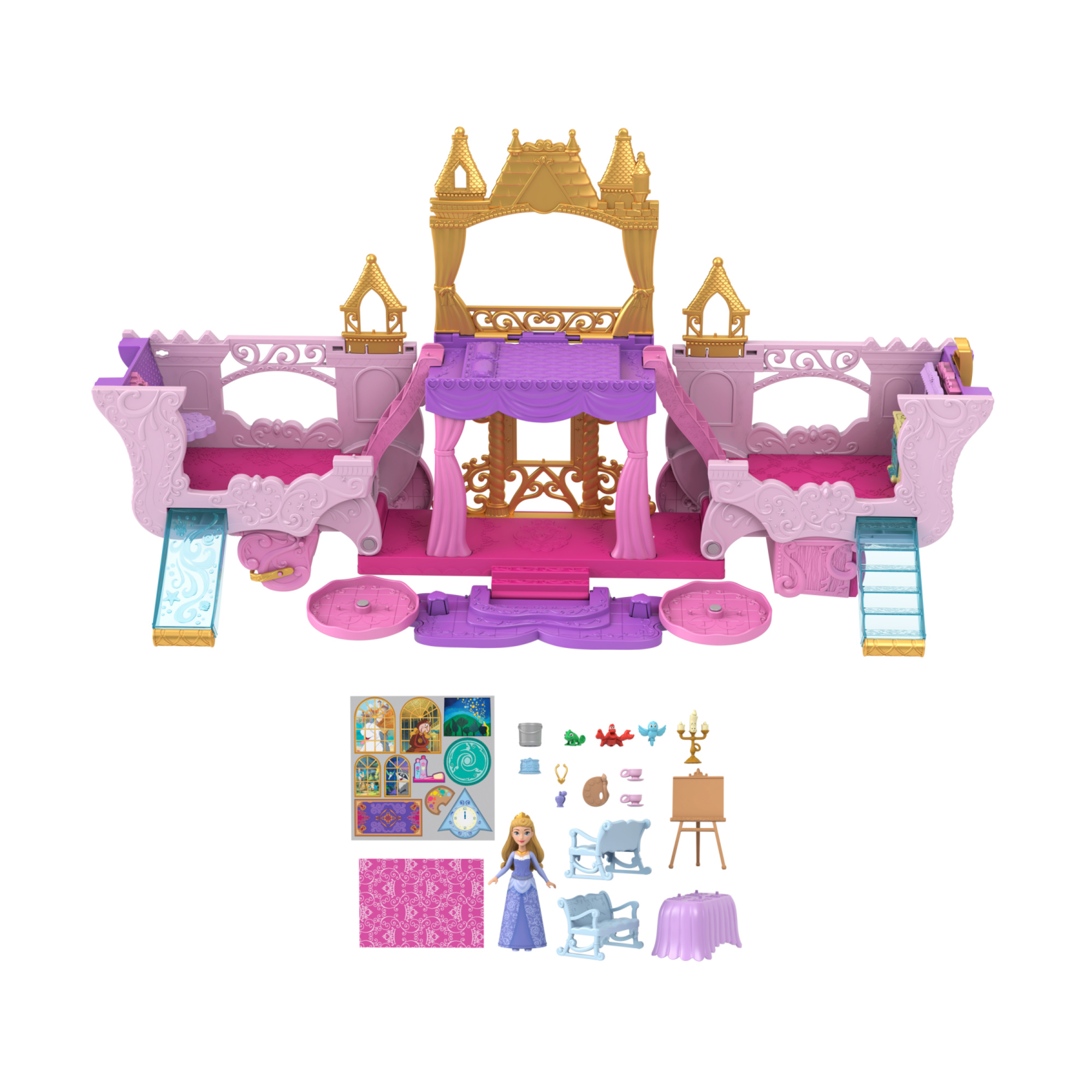 Disney princess - castello carrozza, playset 2 in 1 con mini bambola aurora, 4 personaggi e 10 mobili e accessori - DISNEY PRINCESS, NO BRAND