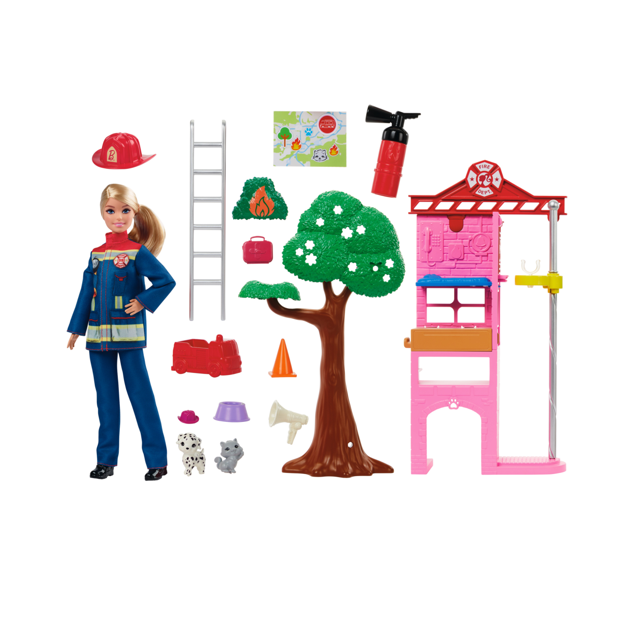 Barbie carriere - vigilessa del fuoco, playset con bambola e caserma dei pompieri, include 2 cuccioli con effetto cambia colore - Barbie