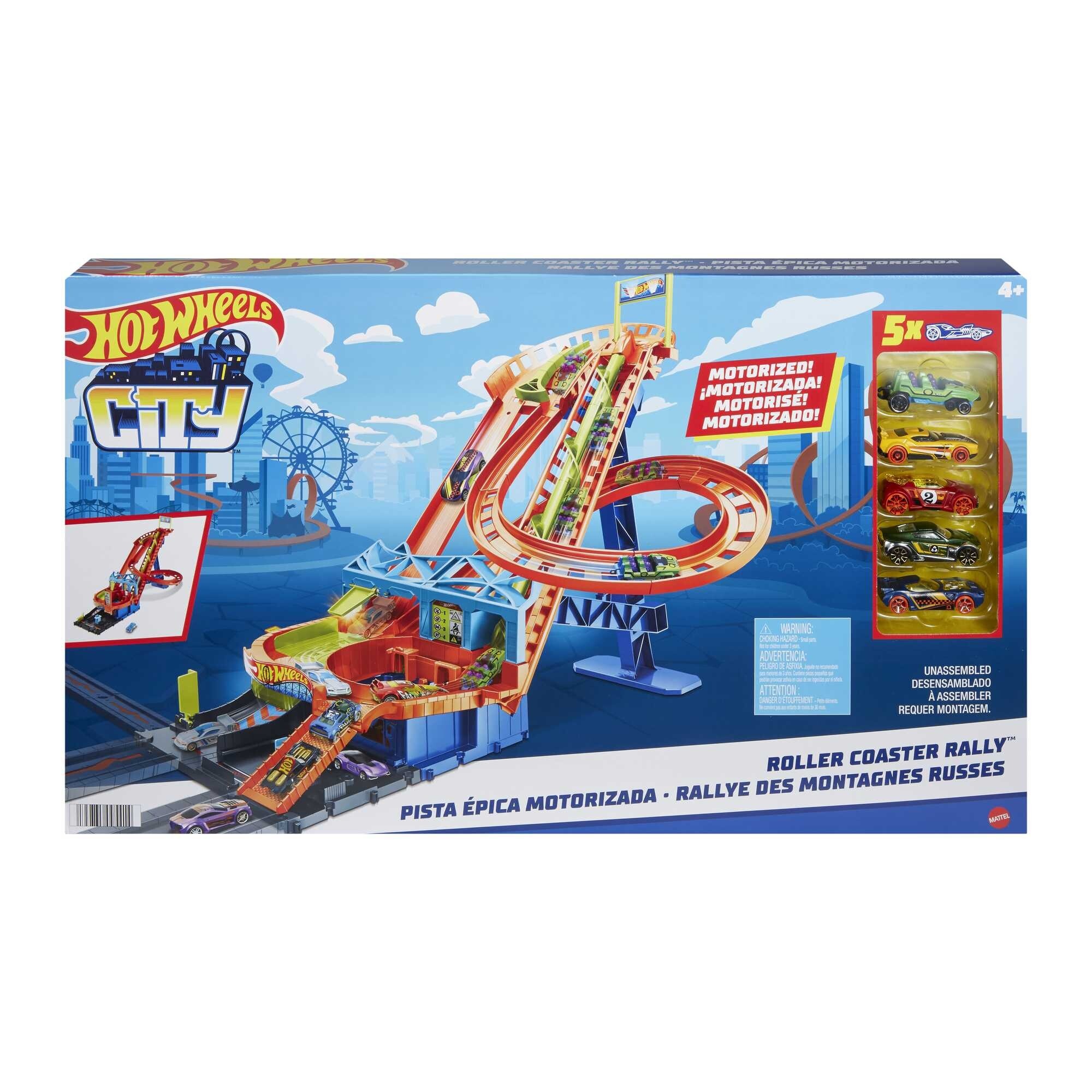 Hot wheels city - rally sulle montagne russe, pista motorizzata con 5 macchinine hot wheels incluse, si collega ad altri set - Hot Wheels