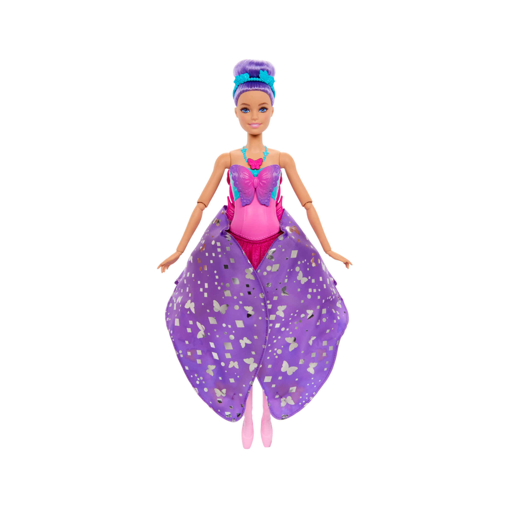 Barbie - ali scintillanti, bambola dai capelli viola, trasformazione 2 in 1 da ballerina a farfalla con ali apribili - Barbie