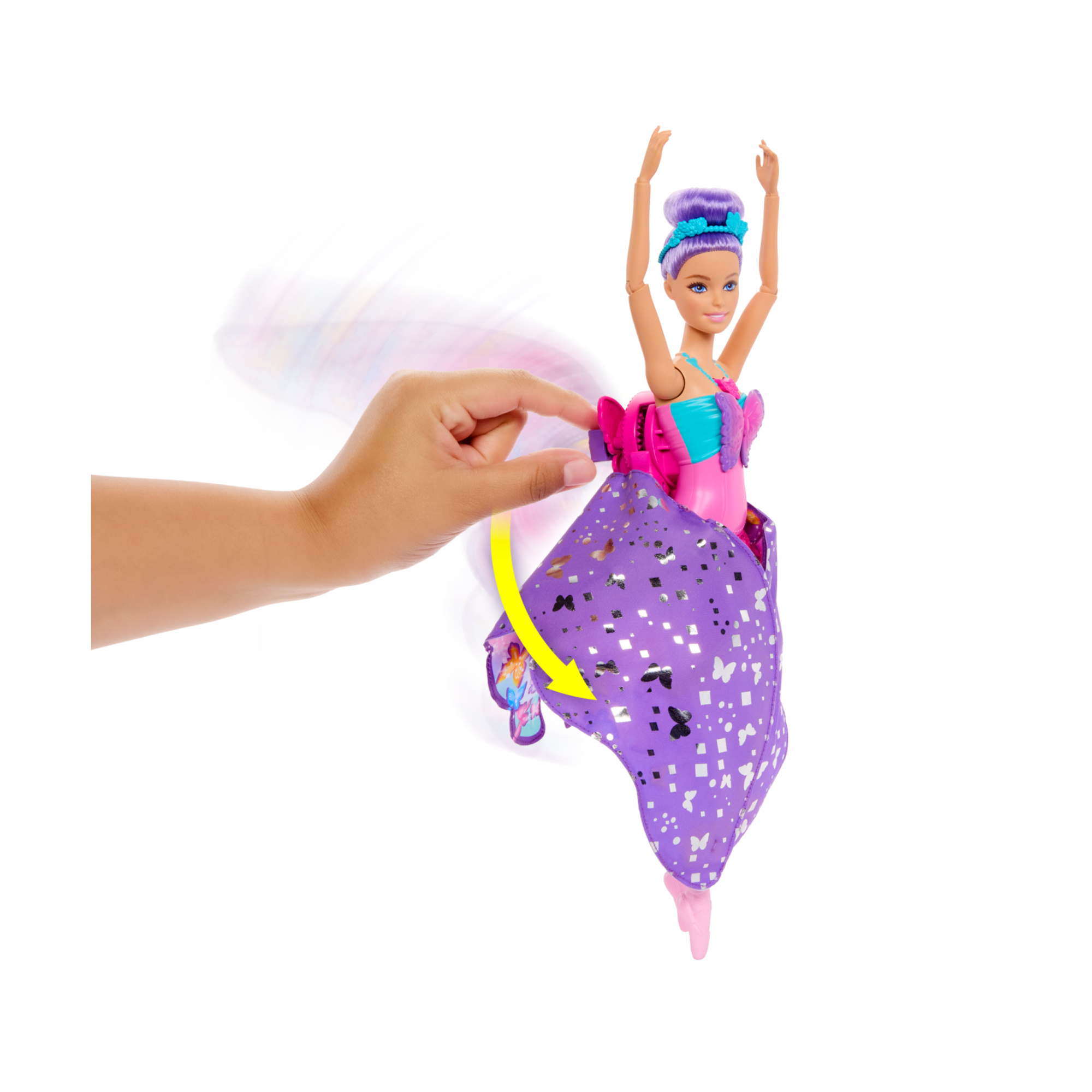 Barbie - ali scintillanti, bambola dai capelli viola, trasformazione 2 in 1 da ballerina a farfalla con ali apribili - Barbie