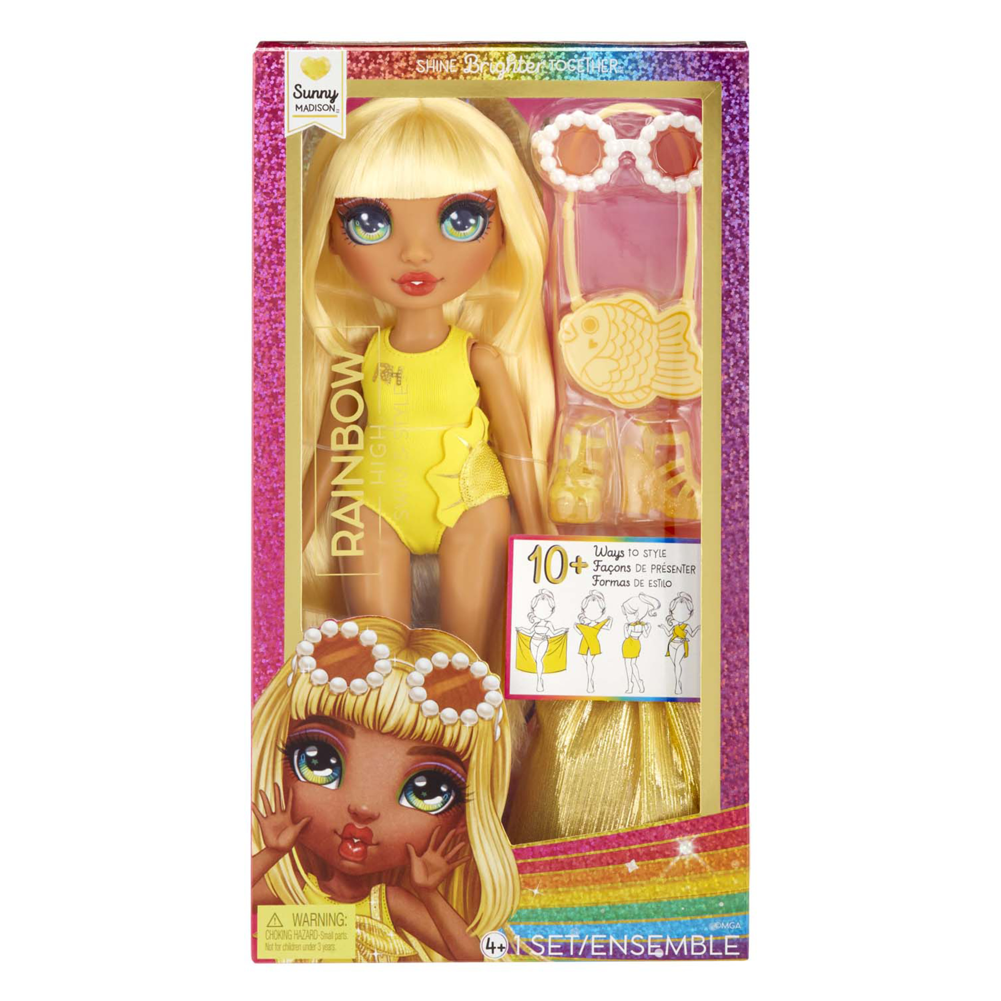 Rainbow high swim & style sunny - bambola 28 cm con confezione scintillante, 10+ outfit, costume da bagno rimovibile, sandali e accessori divertenti - Rainbow High