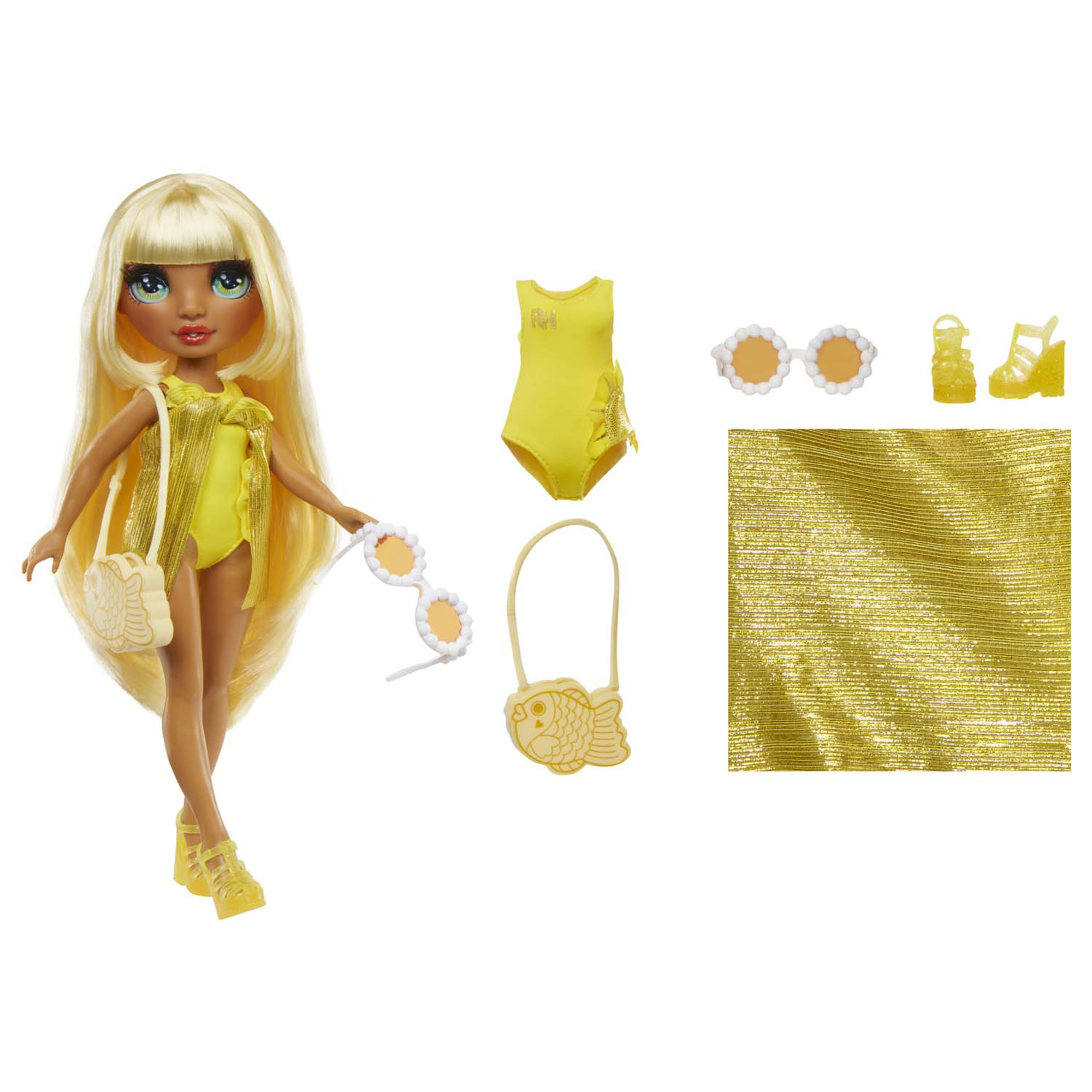 Rainbow high swim & style sunny - bambola 28 cm con confezione scintillante, 10+ outfit, costume da bagno rimovibile, sandali e accessori divertenti - Rainbow High