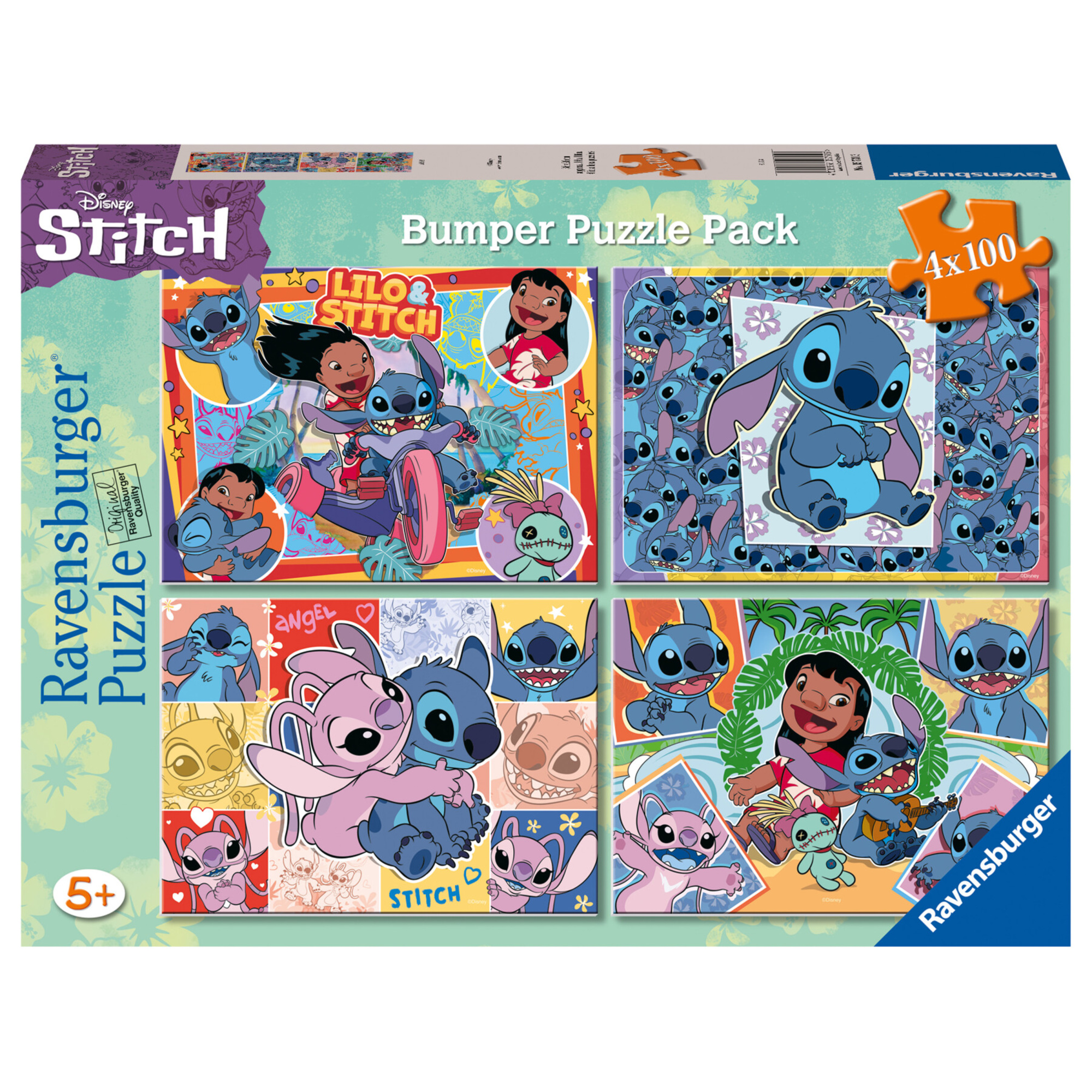 Ravensburger - puzzle stitch, collezione bumper pack 4x100, 4 puzzle da 100 pezzi, età raccomandata 5+ anni - Disney Stitch