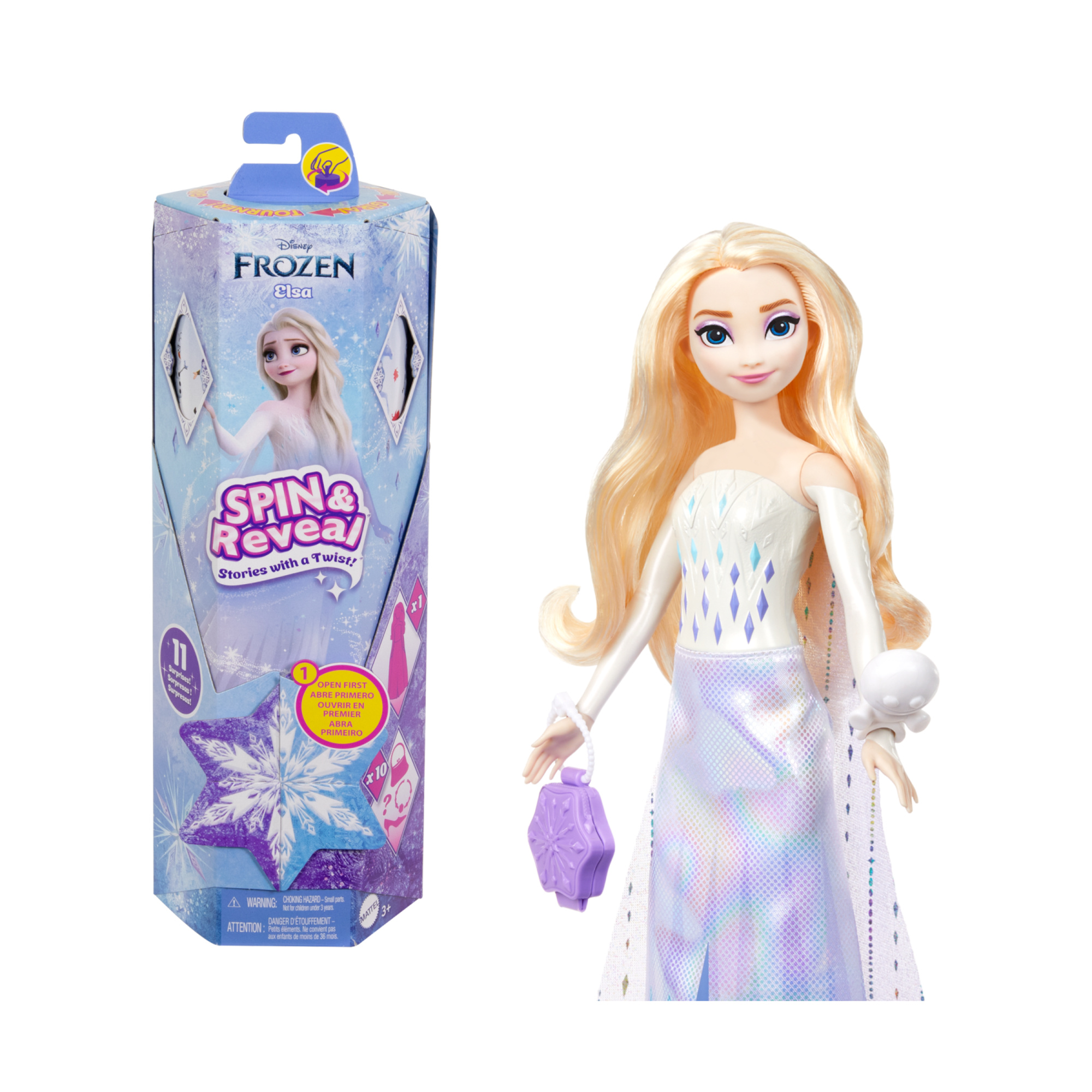 Disney frozen - elsa spin & reveal, set con bambola e 11 sorprese da scoprire, 5 accessori e 5 adesivi inclusi - Frozen