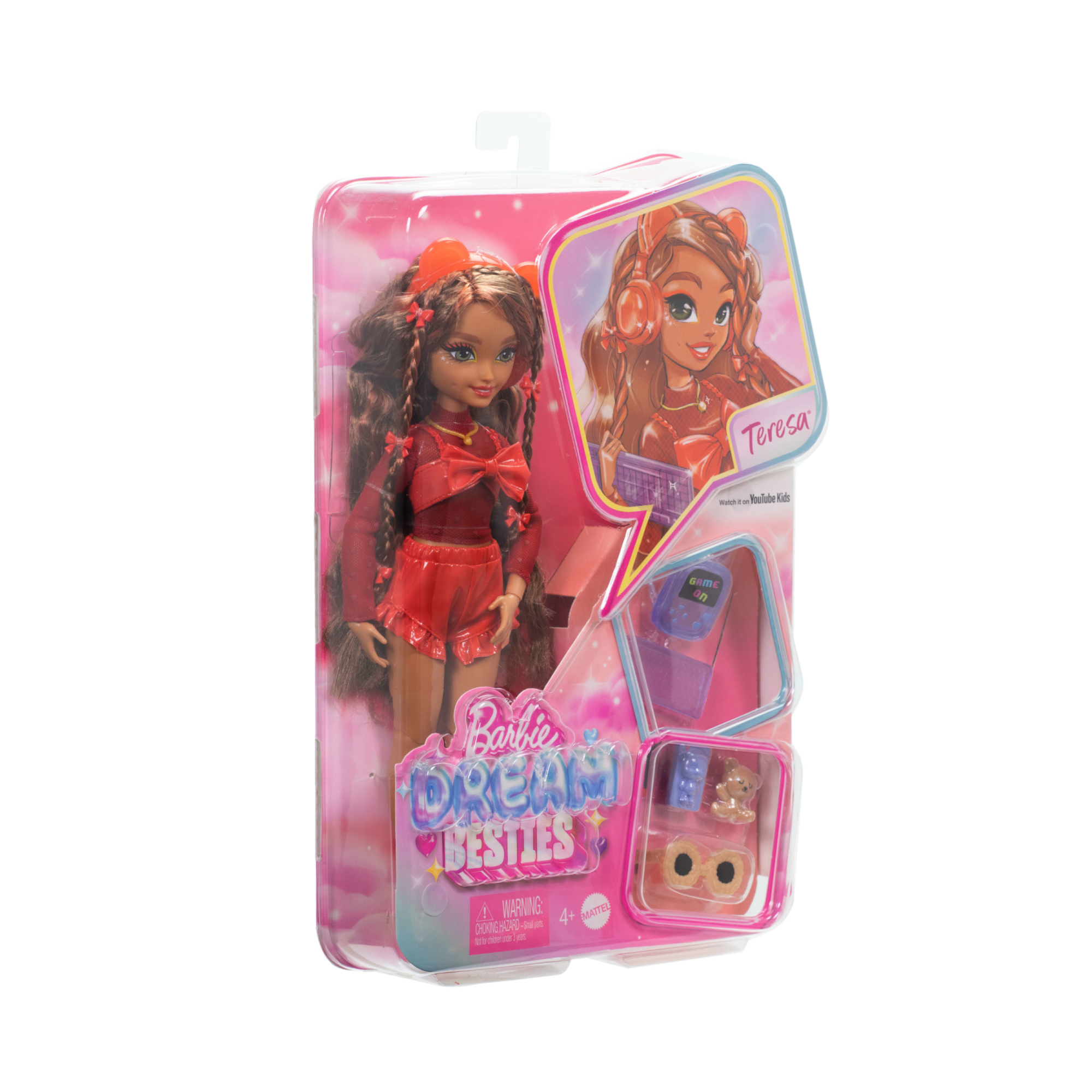 Barbie dream besties - teresa, bambola castana alla moda con fermagli e 10 accessori a tema videogiochi inclusi - Barbie