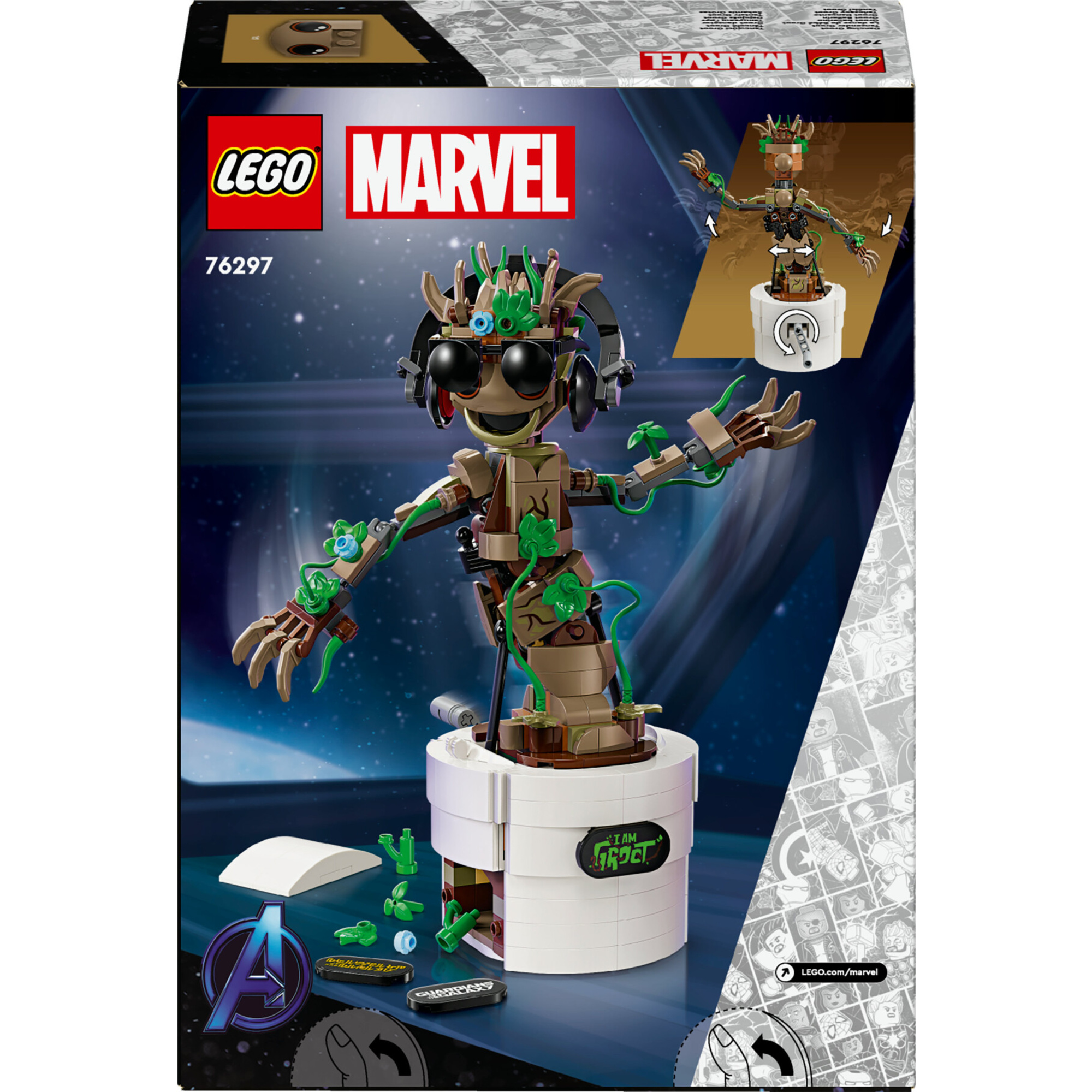 Lego marvel 76297 groot ballerino, personaggio giocattolo con funzione danzante, giochi animati bambini 7+ fan degli avengers - Lego