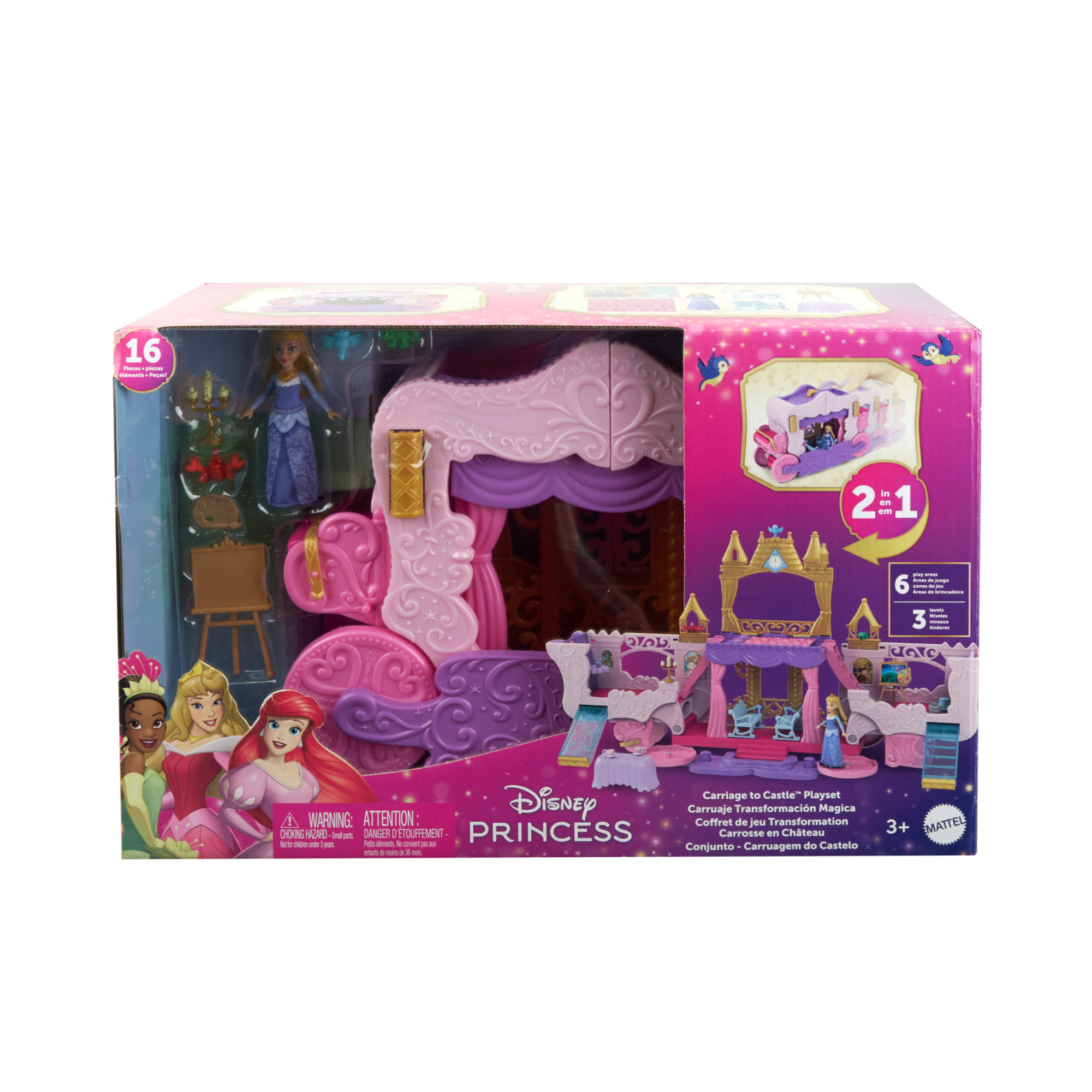 Disney princess - castello carrozza, playset 2 in 1 con mini bambola aurora, 4 personaggi e 10 mobili e accessori - DISNEY PRINCESS, NO BRAND