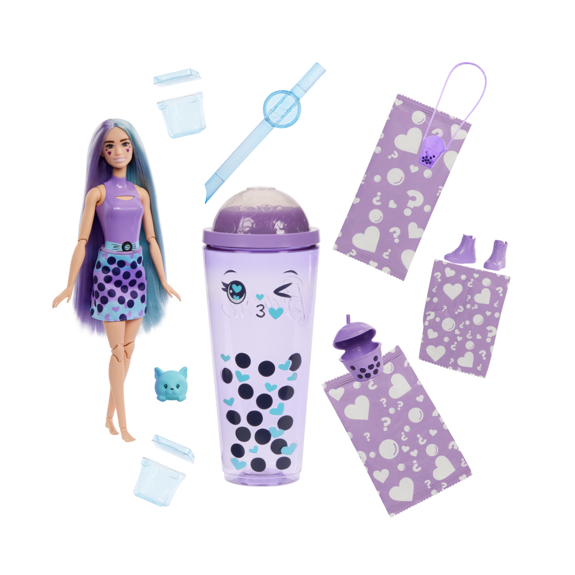 Barbie - pop reveal serie bubble tea, bambola alla moda taro milk profumata con cucciolo e 8 accessori a sorpresa con effetto cambia colore - Barbie