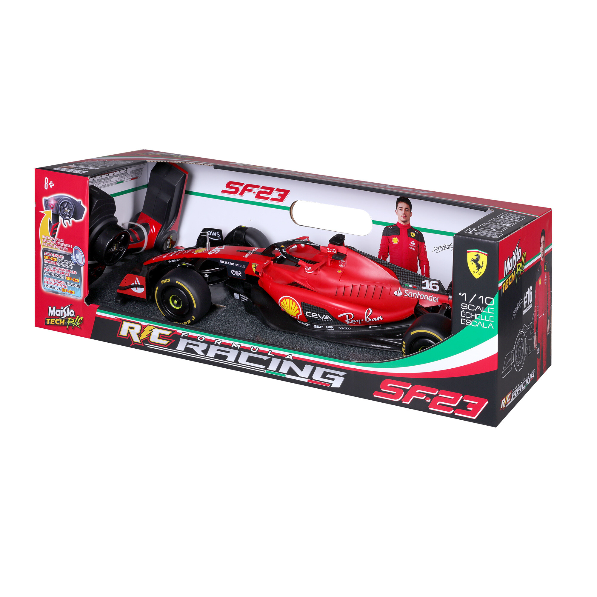 Rc maisto tech ferrari f1 sf23 modello con pilota leclerc #16 -  2.4 ghz, 7 funzioni, fino a 4 giocatori - 