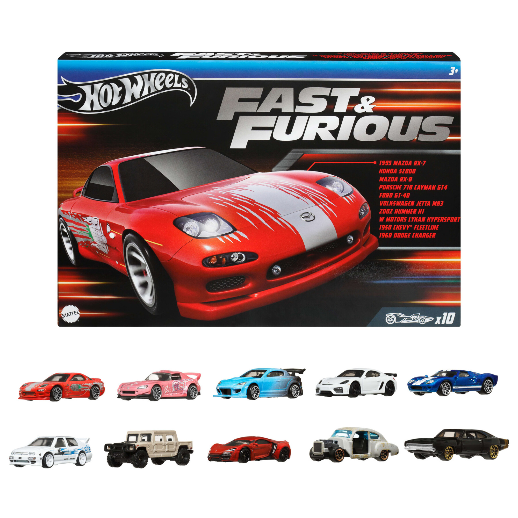 Hot wheels fast & furious - set da 10 macchinine die-cast in scala 1:64, da collezionare ed esporre - Hot Wheels