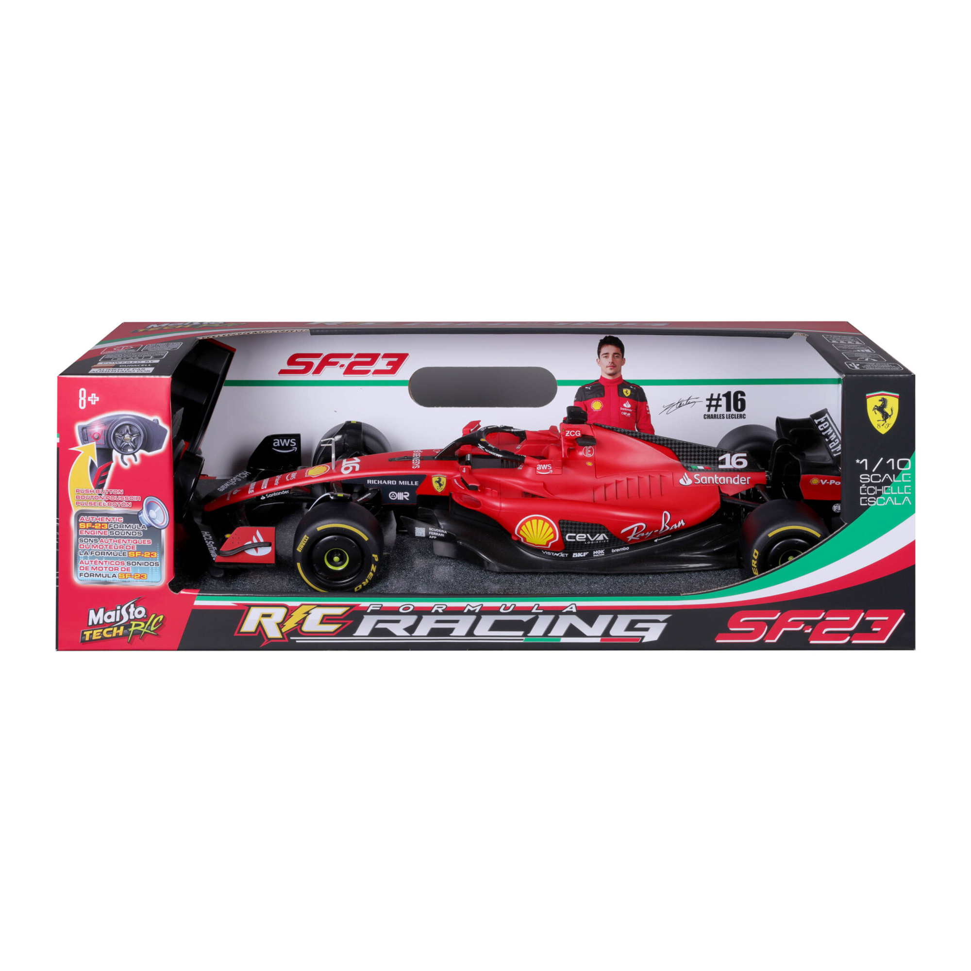 Rc maisto tech ferrari f1 sf23 modello con pilota leclerc #16 -  2.4 ghz, 7 funzioni, fino a 4 giocatori - 