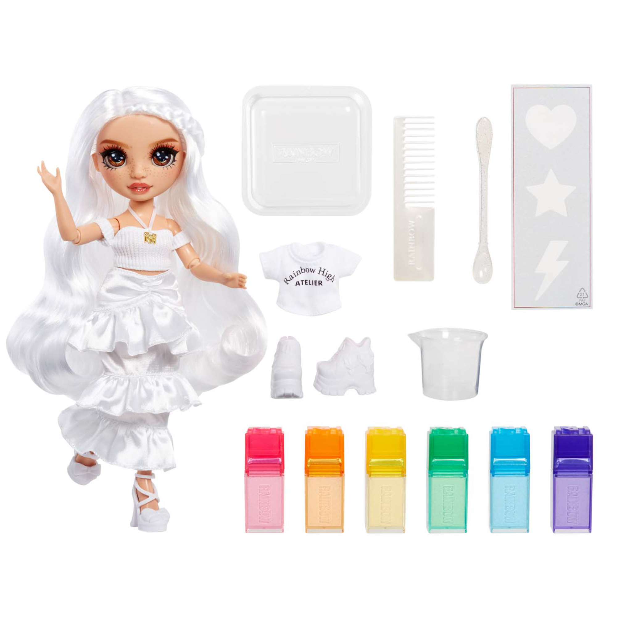 Rainbow high watercolour & create diy fashion doll con acquerelli lavabili e kit tie-dye - occhi marroni, capelli ricci, top e scarpe extra - Rainbow High