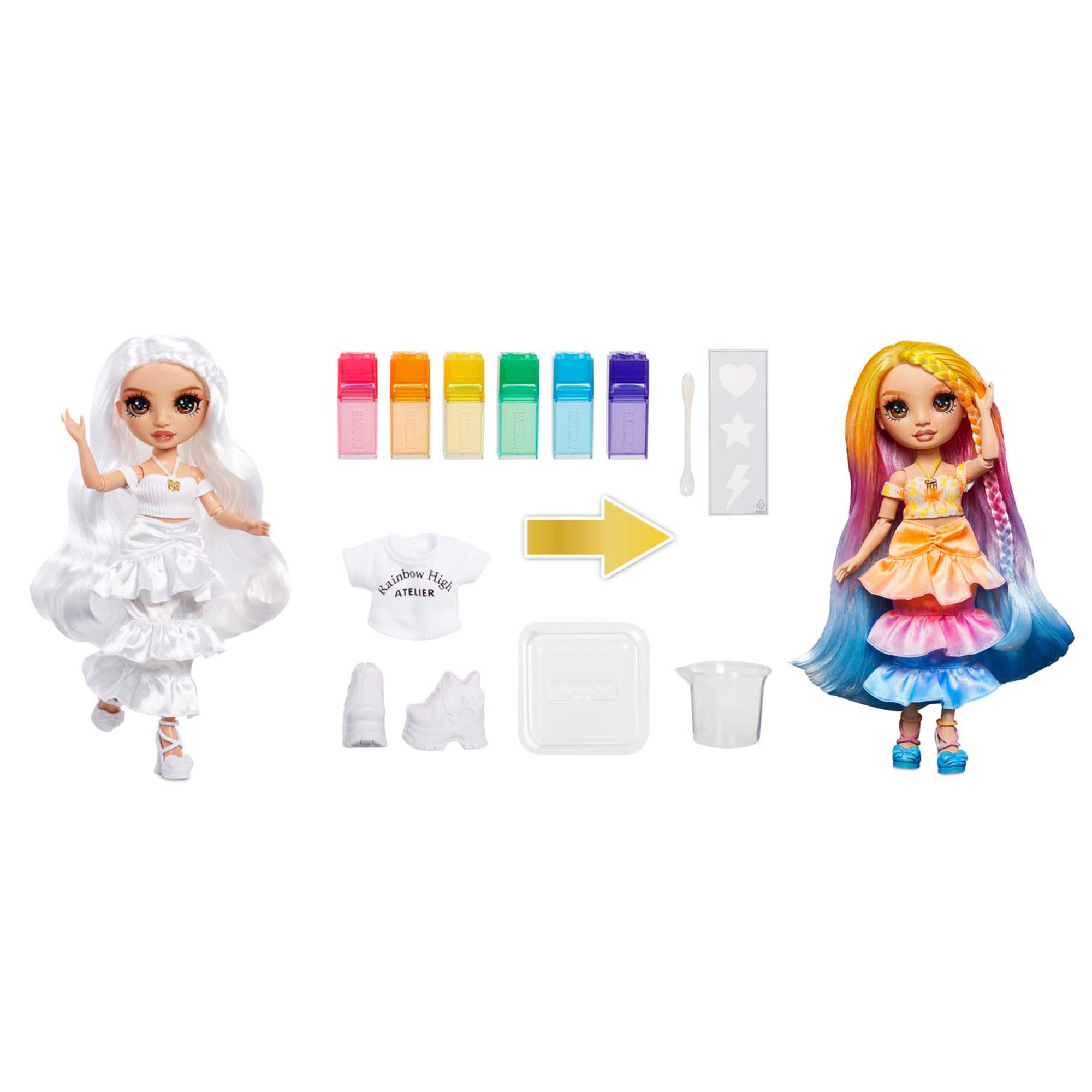 Rainbow high watercolour & create diy fashion doll con acquerelli lavabili e kit tie-dye - occhi marroni, capelli ricci, top e scarpe extra - Rainbow High