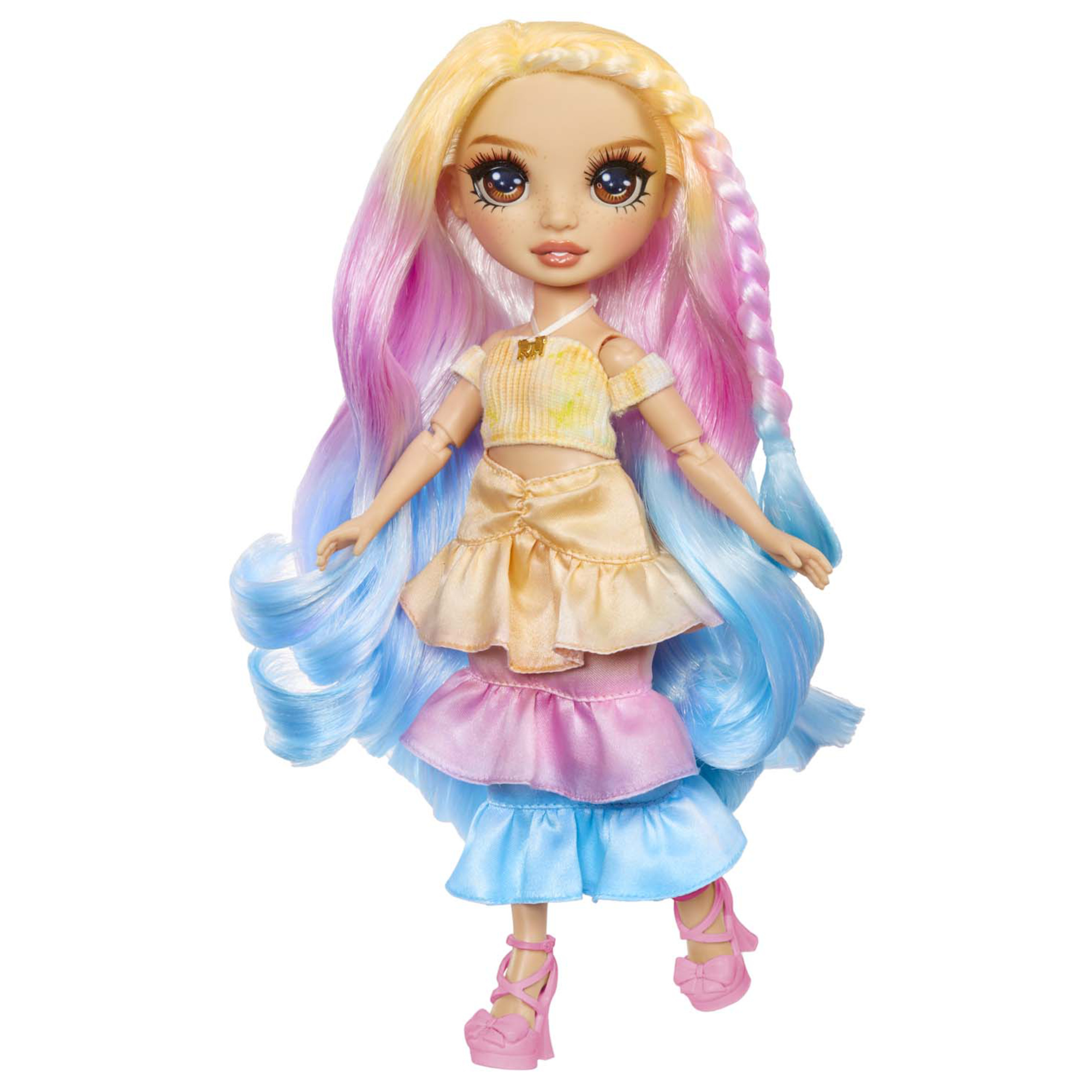 Rainbow high watercolour & create diy fashion doll con acquerelli lavabili e kit tie-dye - occhi marroni, capelli ricci, top e scarpe extra - Rainbow High