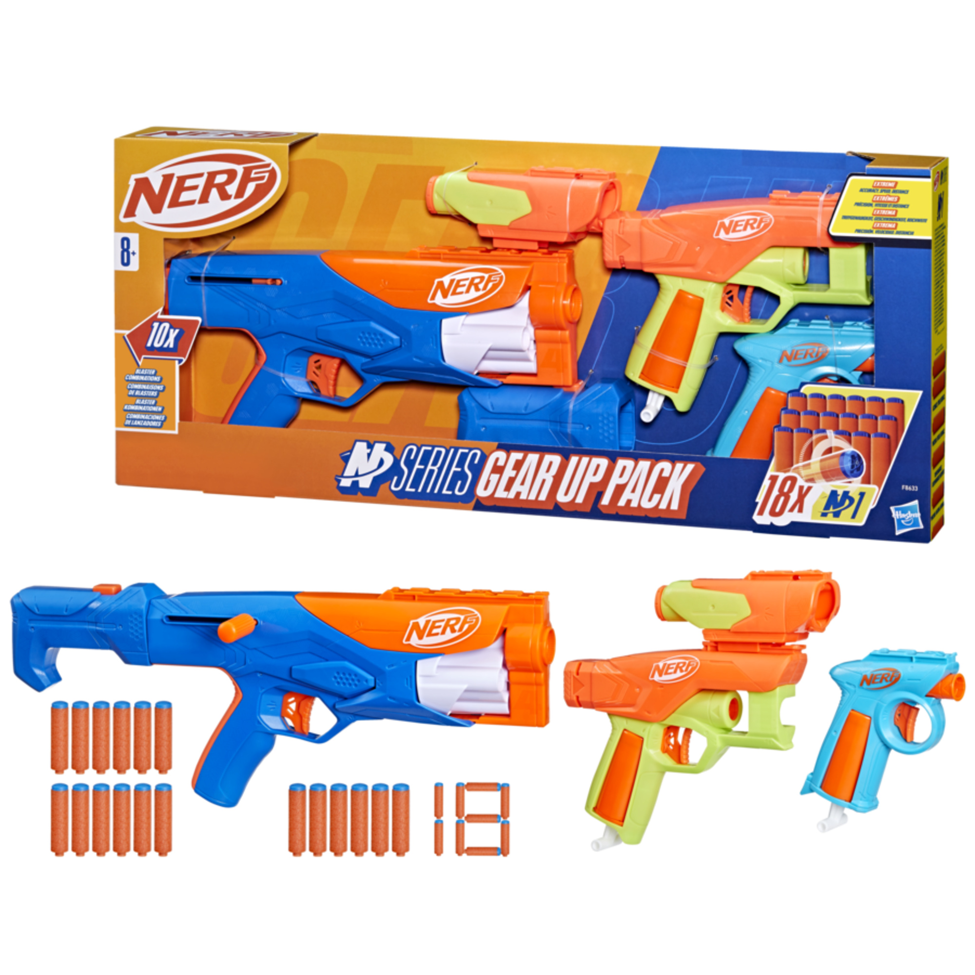 Nerf n- series - gear up pack, confezione da 3 blaster, 18 dardi nerf n1, giocattoli per giochi all'aperto per bambini e bambine dagli 8 anni in su - NERF