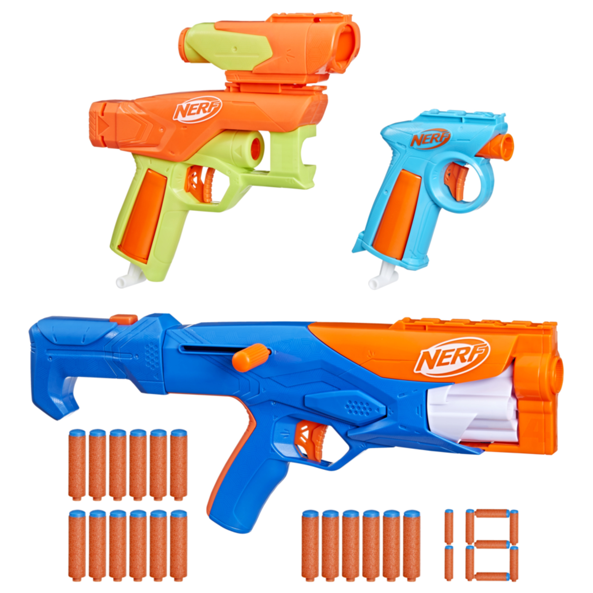 Nerf n- series - gear up pack, confezione da 3 blaster, 18 dardi nerf n1, giocattoli per giochi all'aperto per bambini e bambine dagli 8 anni in su - NERF