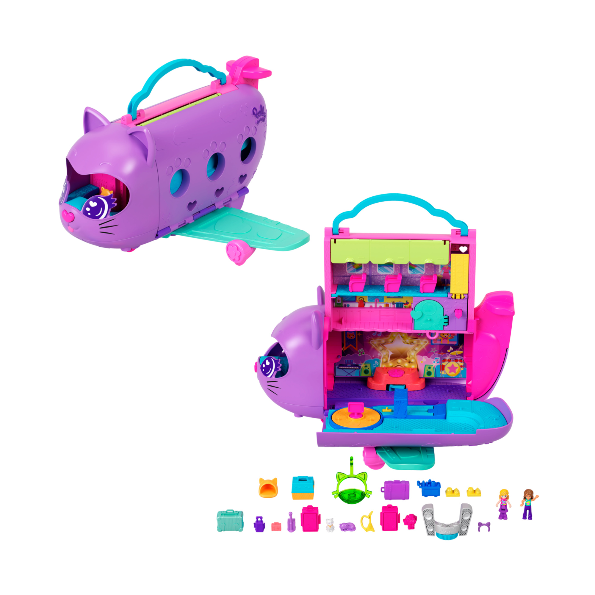 Polly pocket aereo gattino playset da viaggio con 2 micro bambole palco rotante e cucciolo di gatto 19 accessori inclusi Toys Center