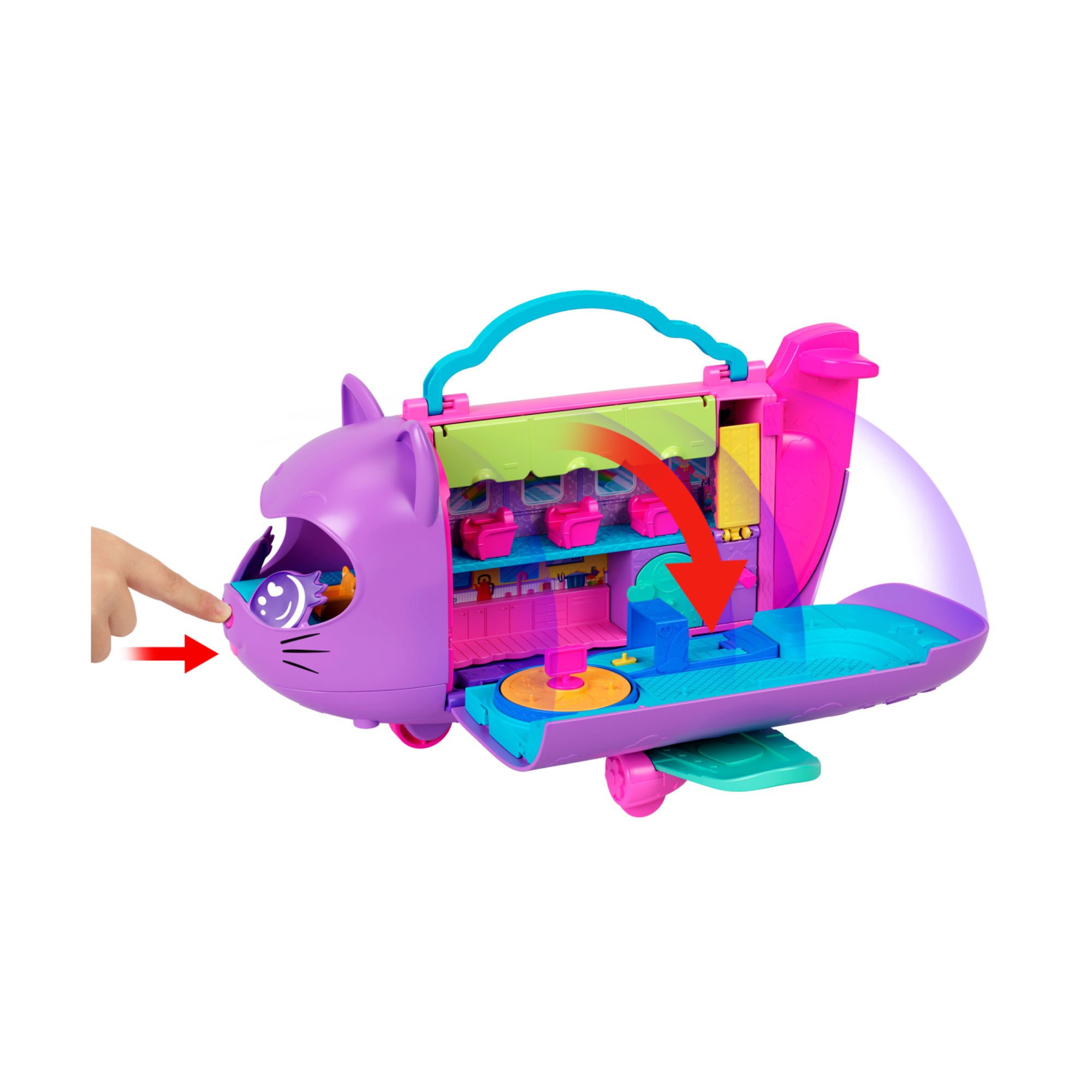 Polly pocket - aereo gattino, playset da viaggio con 2 micro bambole, palco rotante e cucciolo di gatto, 19 accessori inclusi - Polly Pocket