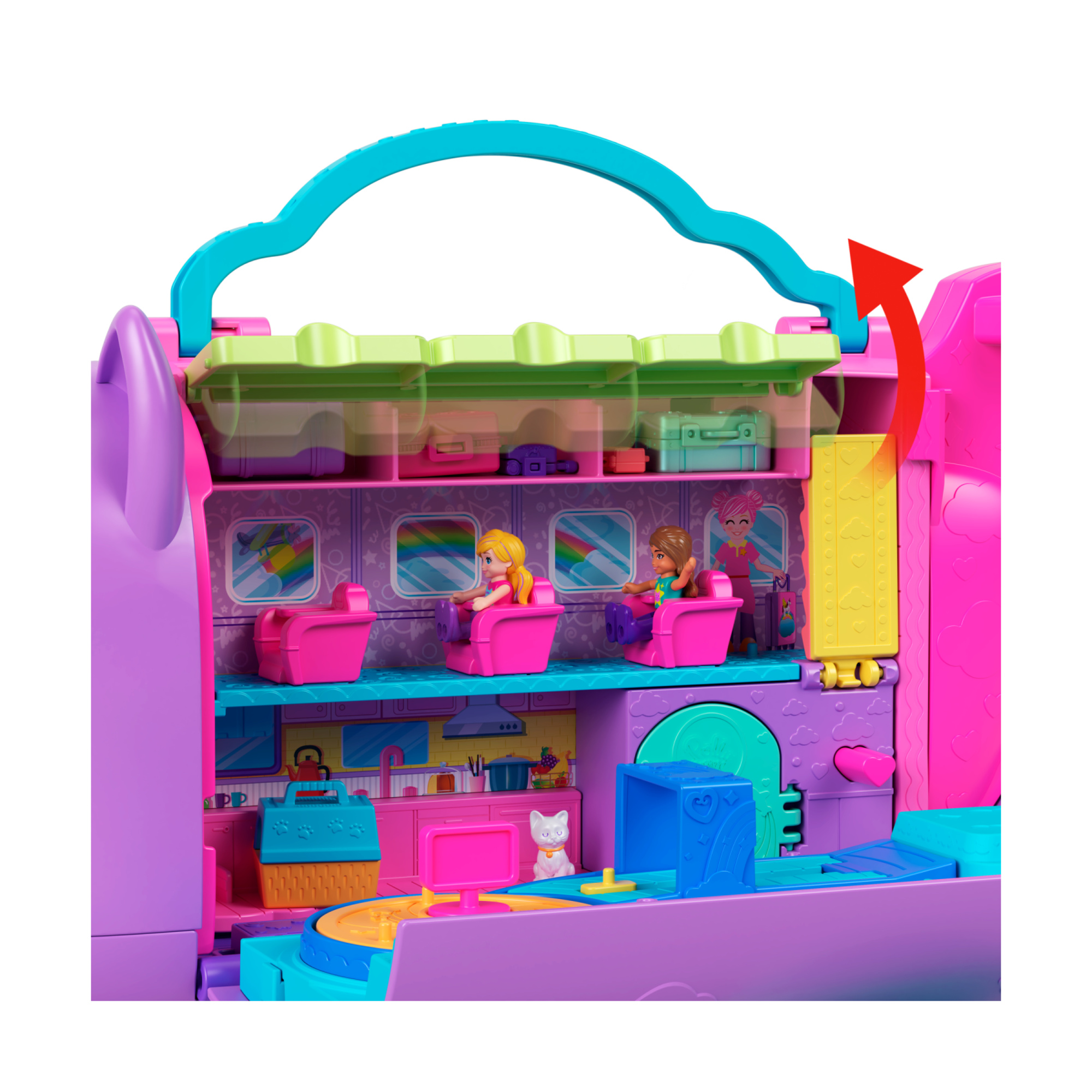 Polly pocket - aereo gattino, playset da viaggio con 2 micro bambole, palco rotante e cucciolo di gatto, 19 accessori inclusi - Polly Pocket