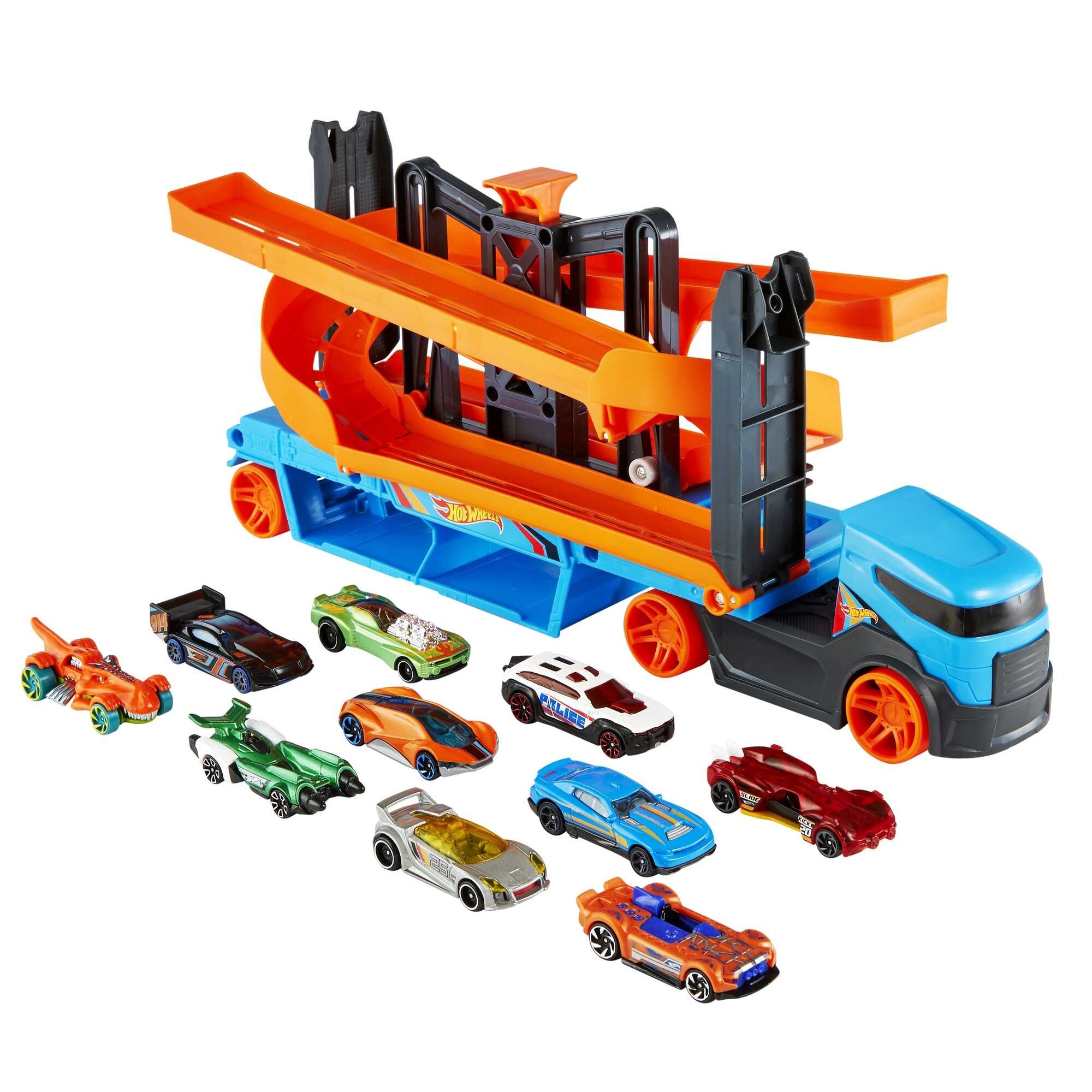 Hot wheels - trasportatore solleva e lancia, veicolo con ruote funzionanti e 10 macchinine die-cast incluse , contiene fino a 20 veicoli - Hot Wheels