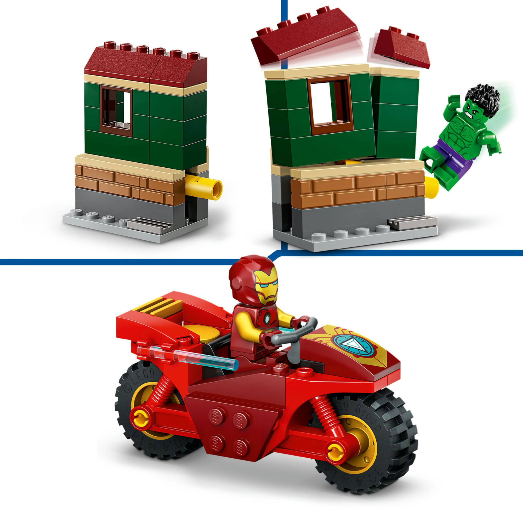 Lego marvel 76287 iron man con moto e the hulk, giocattolo con 2 minifigure di supereroi avengers, giochi per bambini 4+ - Lego