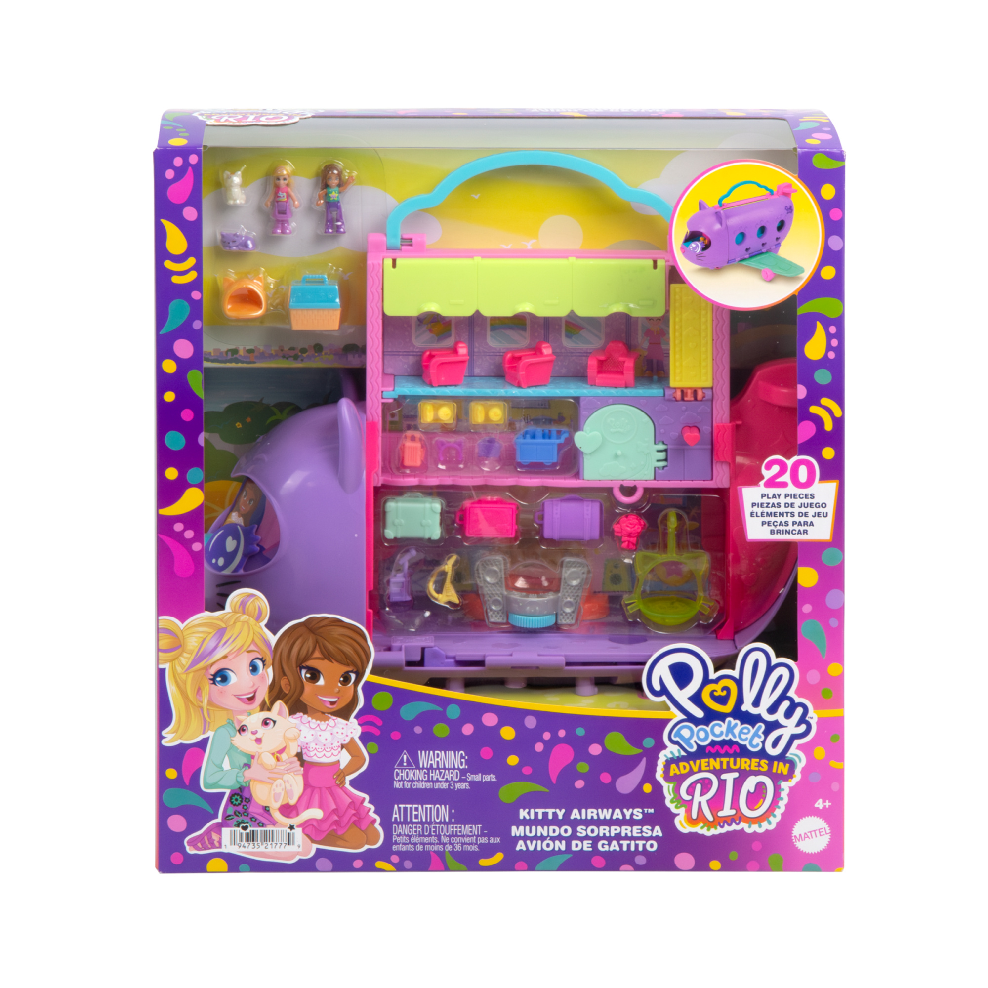 Polly pocket - aereo gattino, playset da viaggio con 2 micro bambole, palco rotante e cucciolo di gatto, 19 accessori inclusi - Polly Pocket