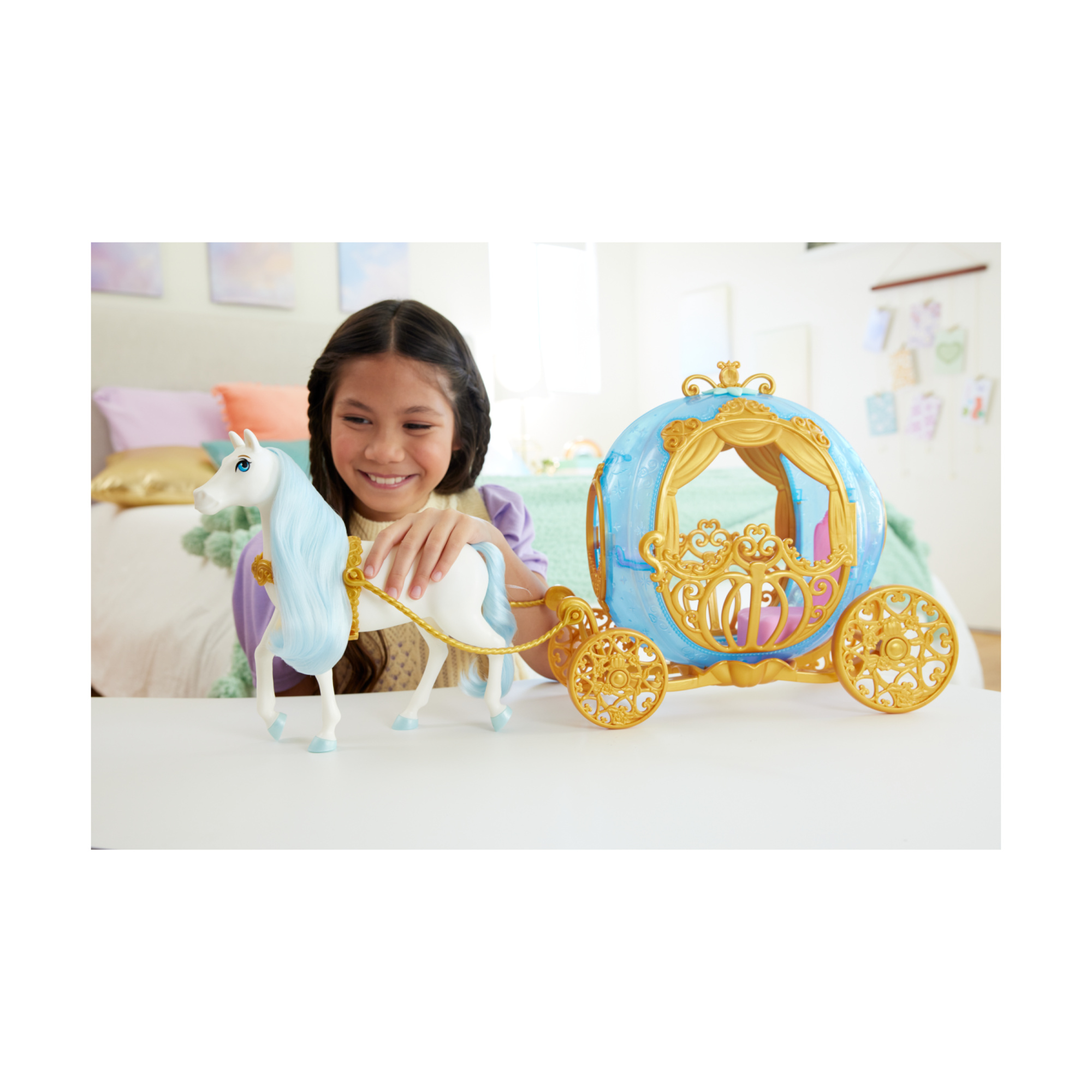 Disney princess - carrozza di cenerentola, playset mobile con dettagli dorati e cavallo bianco con criniera e coda spazzolabili - DISNEY PRINCESS