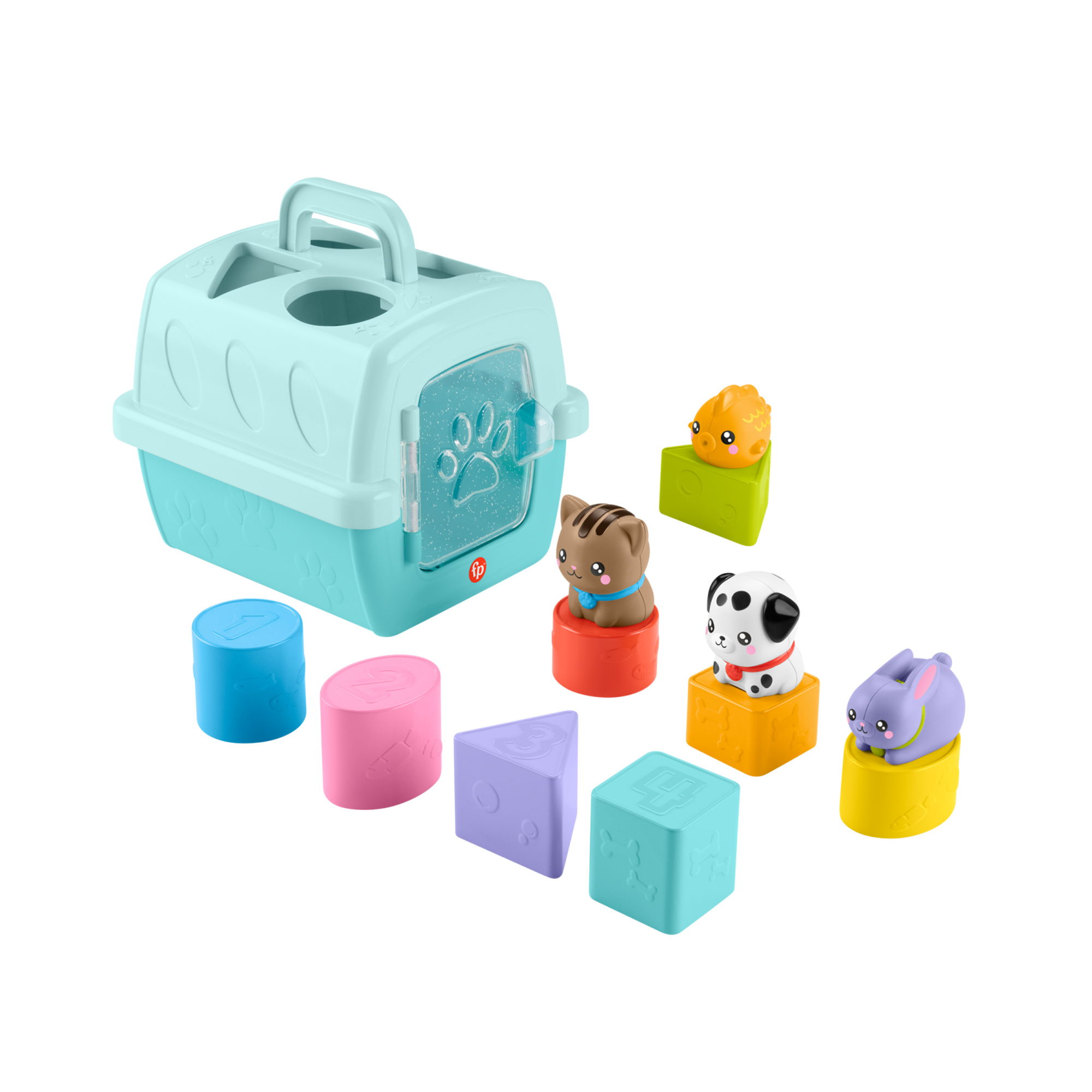 Fisher-price pets - trasportino cercaforme, set attività con 4 blocchi a tema animali e 4 formine per sviluppare le capacità motorie - 