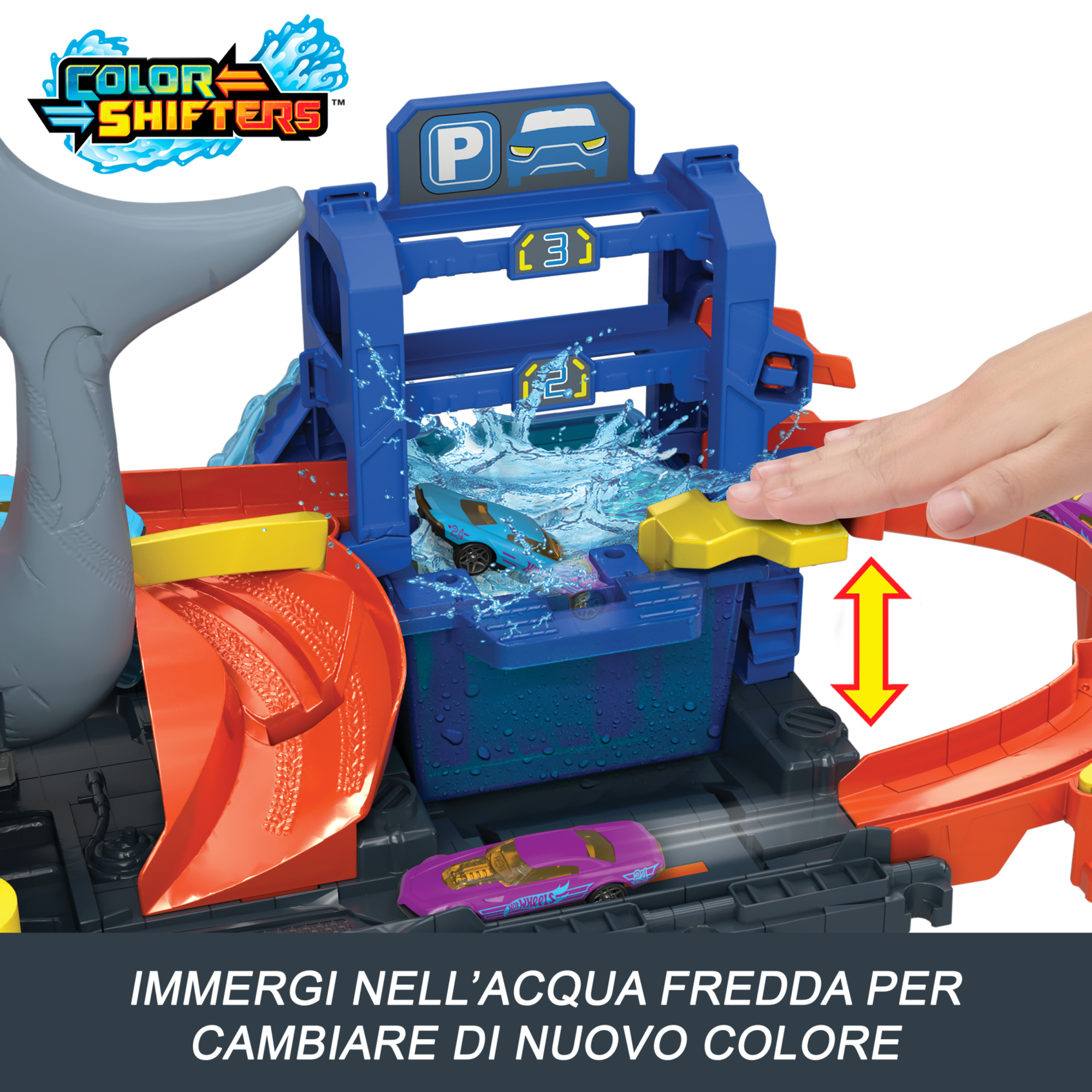 Hot wheels - mega squalo autolavaggio, pista con rullo di schiuma e cancelli mobili, funzione cambia colore e macchinina color reveal inclusa - Hot Wheels