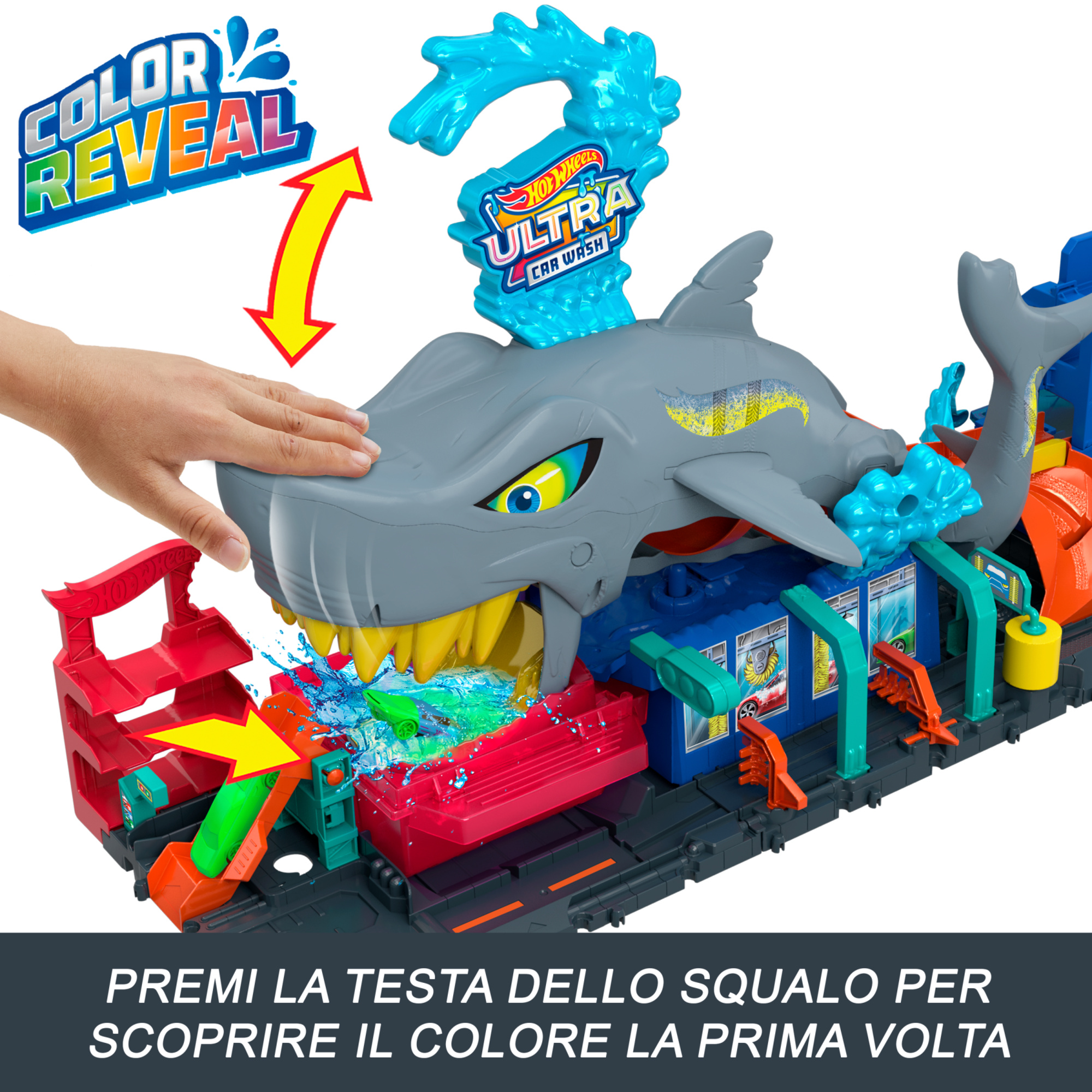 Hot wheels - mega squalo autolavaggio, pista con rullo di schiuma e cancelli mobili, funzione cambia colore e macchinina color reveal inclusa - Hot Wheels