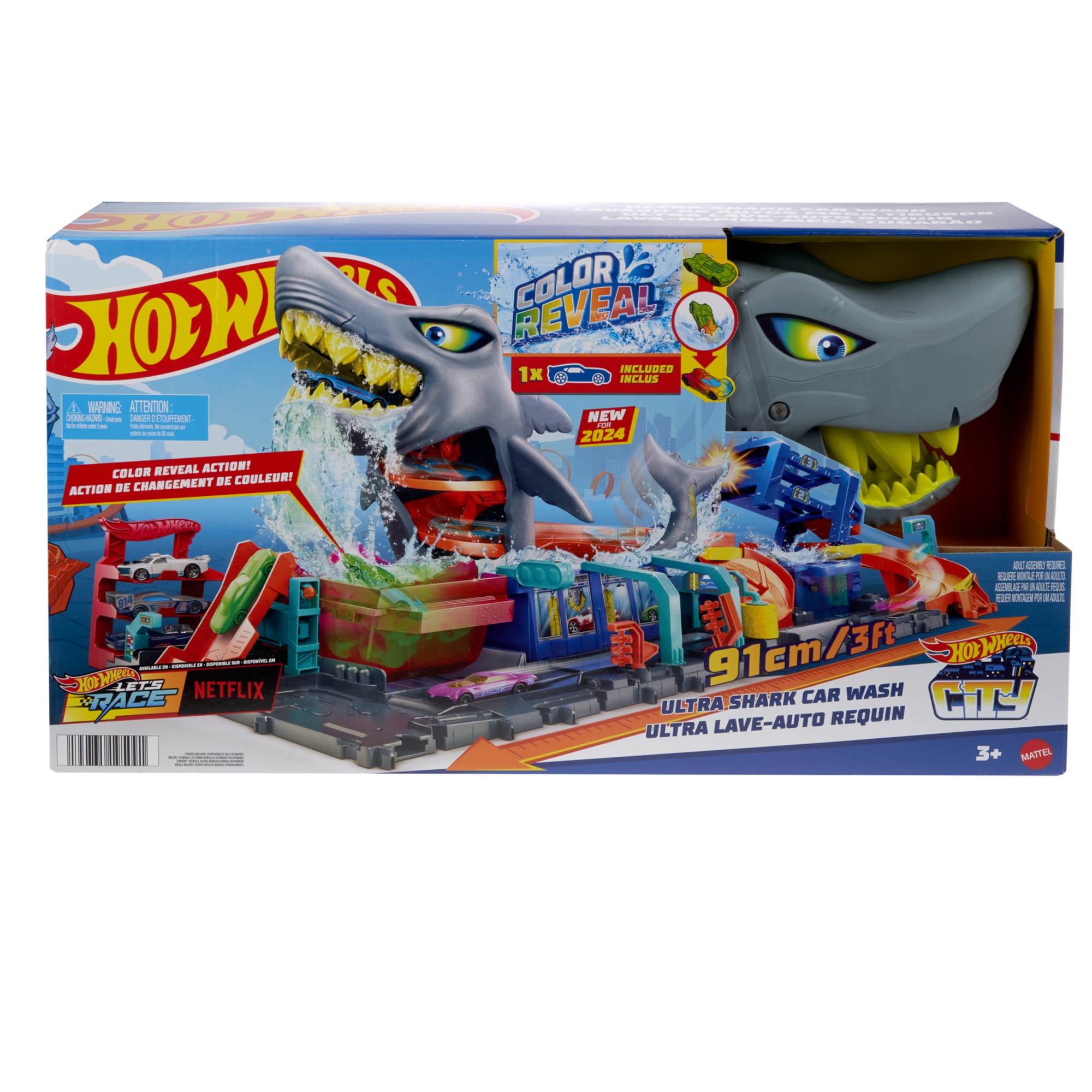 Hot wheels - mega squalo autolavaggio, pista con rullo di schiuma e cancelli mobili, funzione cambia colore e macchinina color reveal inclusa - Hot Wheels