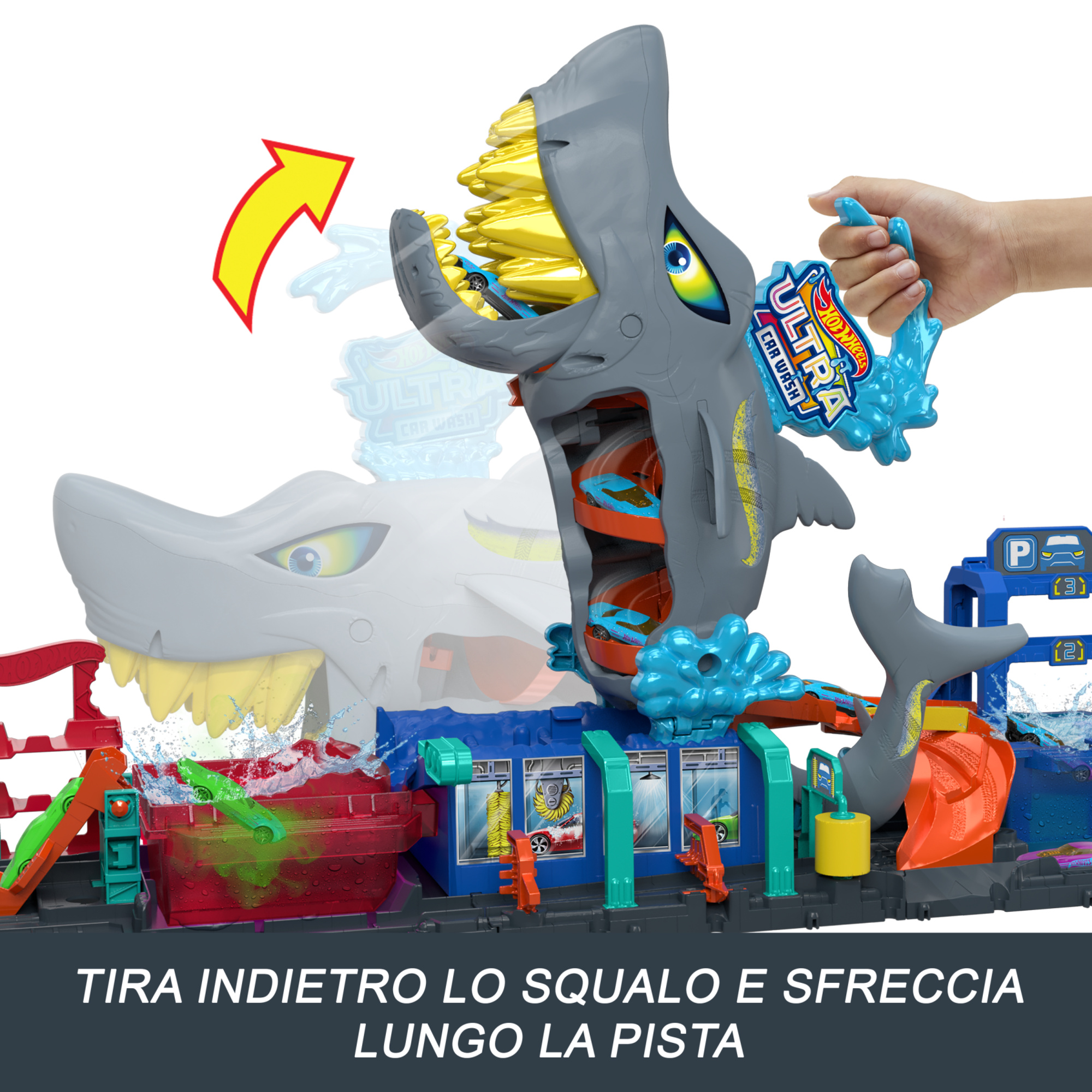 Hot wheels - mega squalo autolavaggio, pista con rullo di schiuma e cancelli mobili, funzione cambia colore e macchinina color reveal inclusa - Hot Wheels