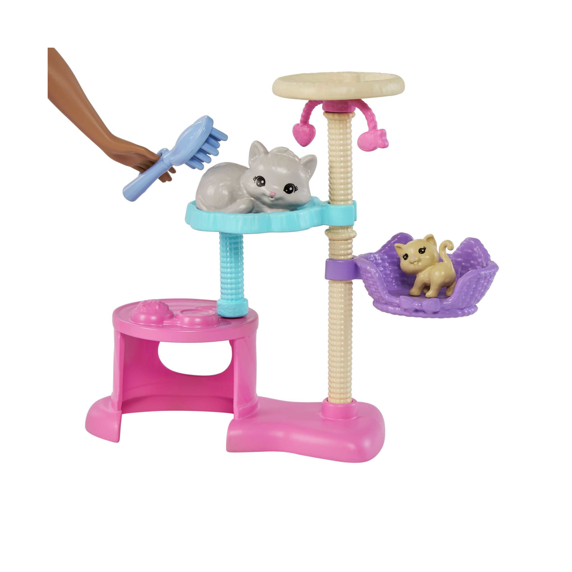 Barbie - giochi dei cuccioli, playset con bambola castana, 1 gatto e 4 gattini, casetta ad albero e accessori inclusi - Barbie