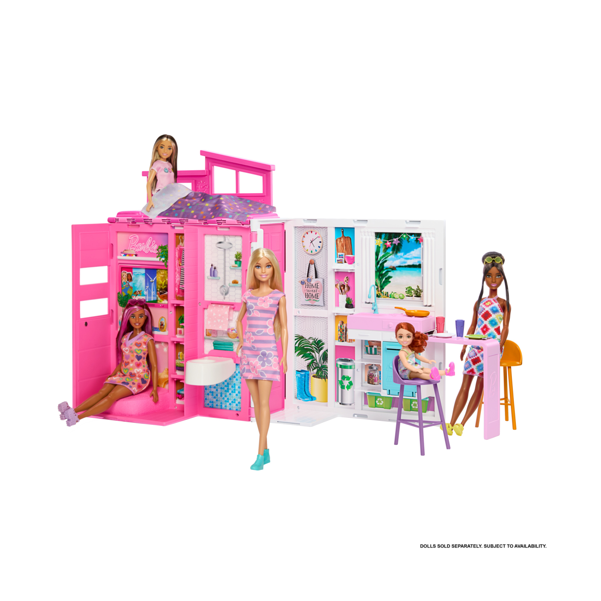 Barbie - loft casa delle vacanze, set con bambola bionda, 4 aree di gioco e 11 accessori - Barbie