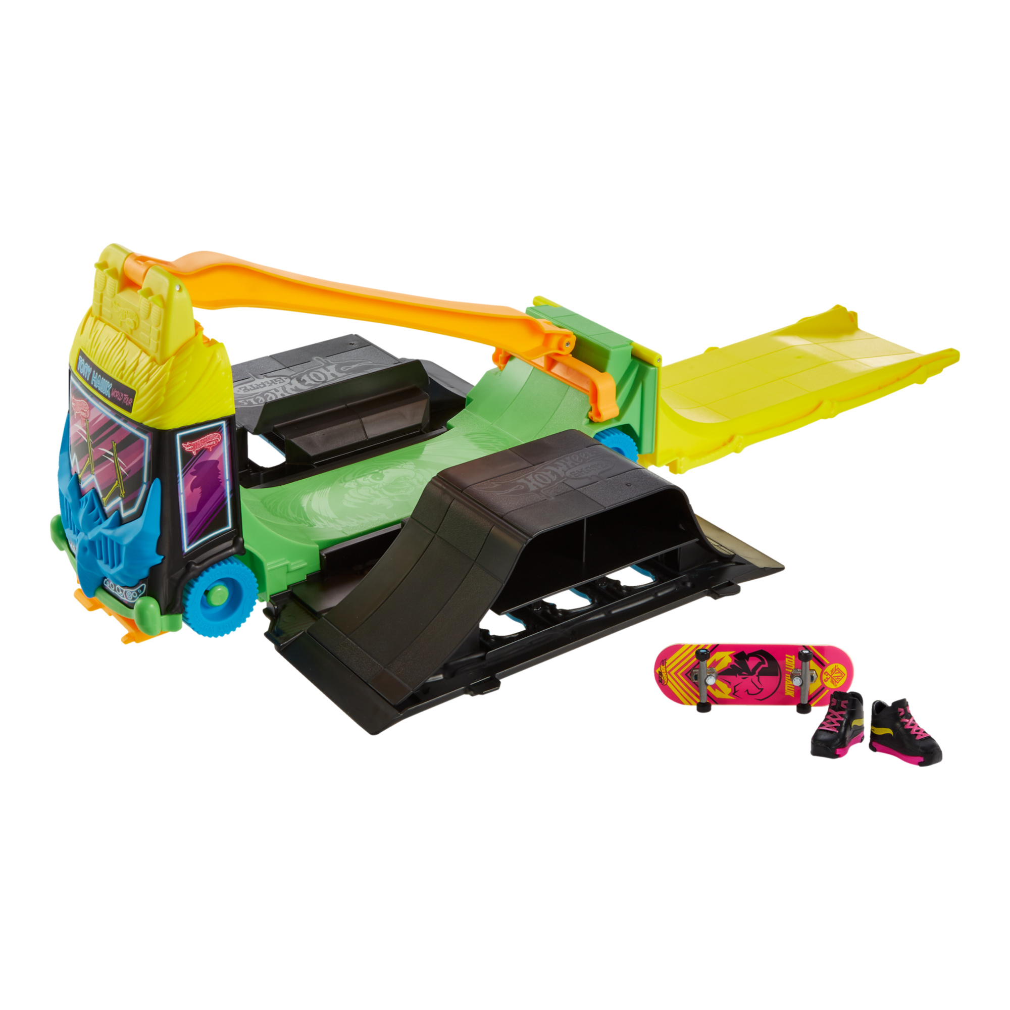 Hot wheels skate - bus trasformabile tony hawk, diventa uno skatepark, fingerboard e scarpine da skate incluse - Hot Wheels