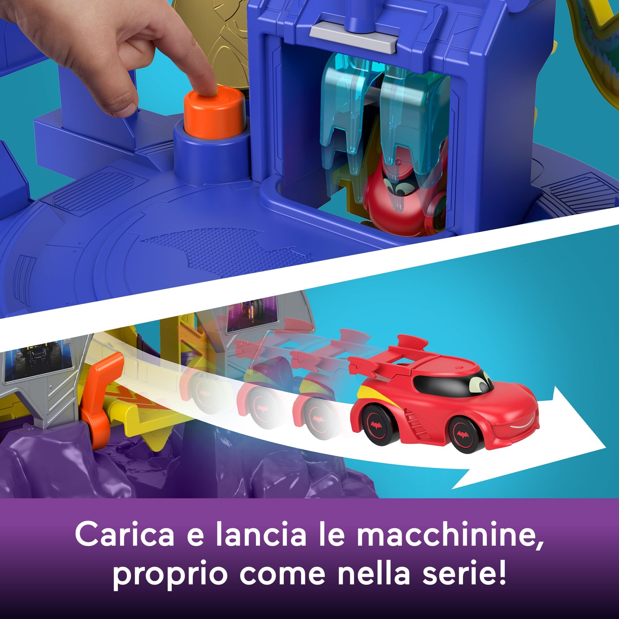 Fisher-price dc batwheels - batcaverna lancia e sfreccia, playset pista ispirato alla batcaverna con 3 piani di gioco, luci e suoni - 