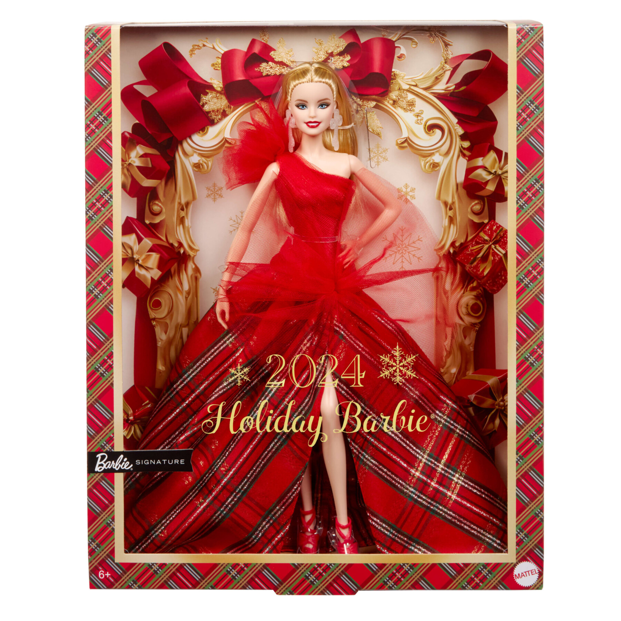 Barbie signature barbie magia delle feste 2024 bambola bionda con abito e gonna a quadri confezione da esporre regalo per le feste Toys Center