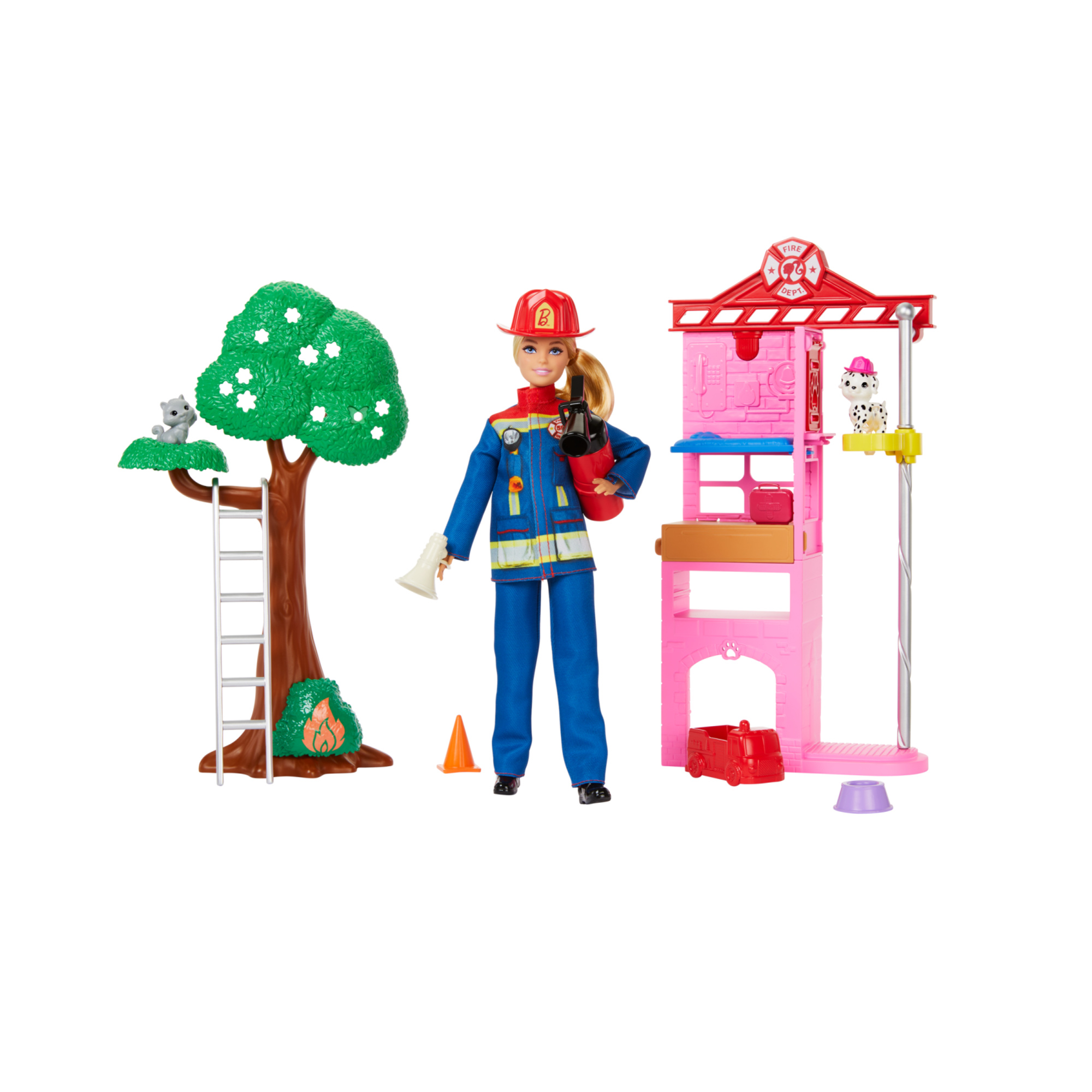 Barbie carriere - vigilessa del fuoco, playset con bambola e caserma dei pompieri, include 2 cuccioli con effetto cambia colore - Barbie