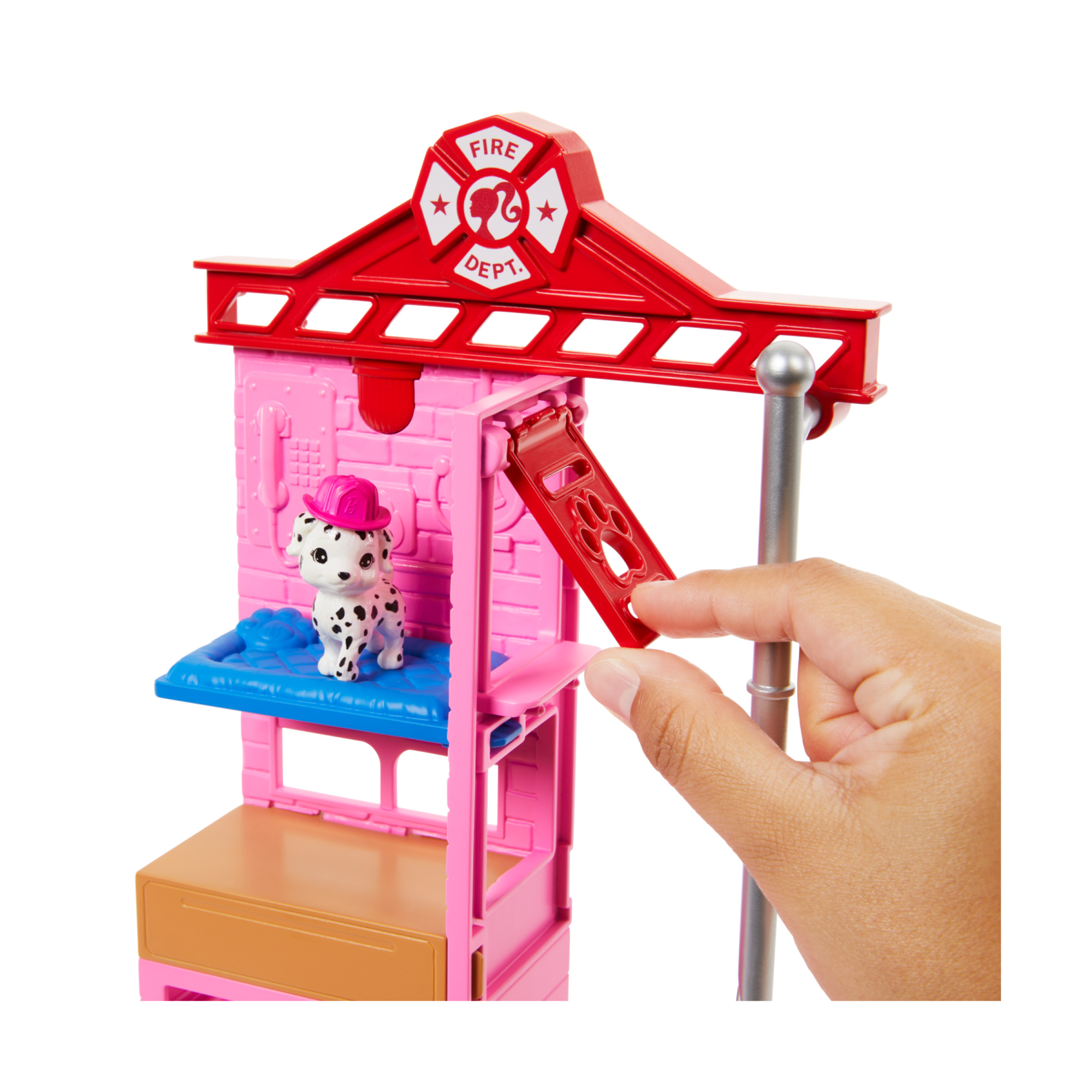 Barbie carriere - vigilessa del fuoco, playset con bambola e caserma dei pompieri, include 2 cuccioli con effetto cambia colore - Barbie