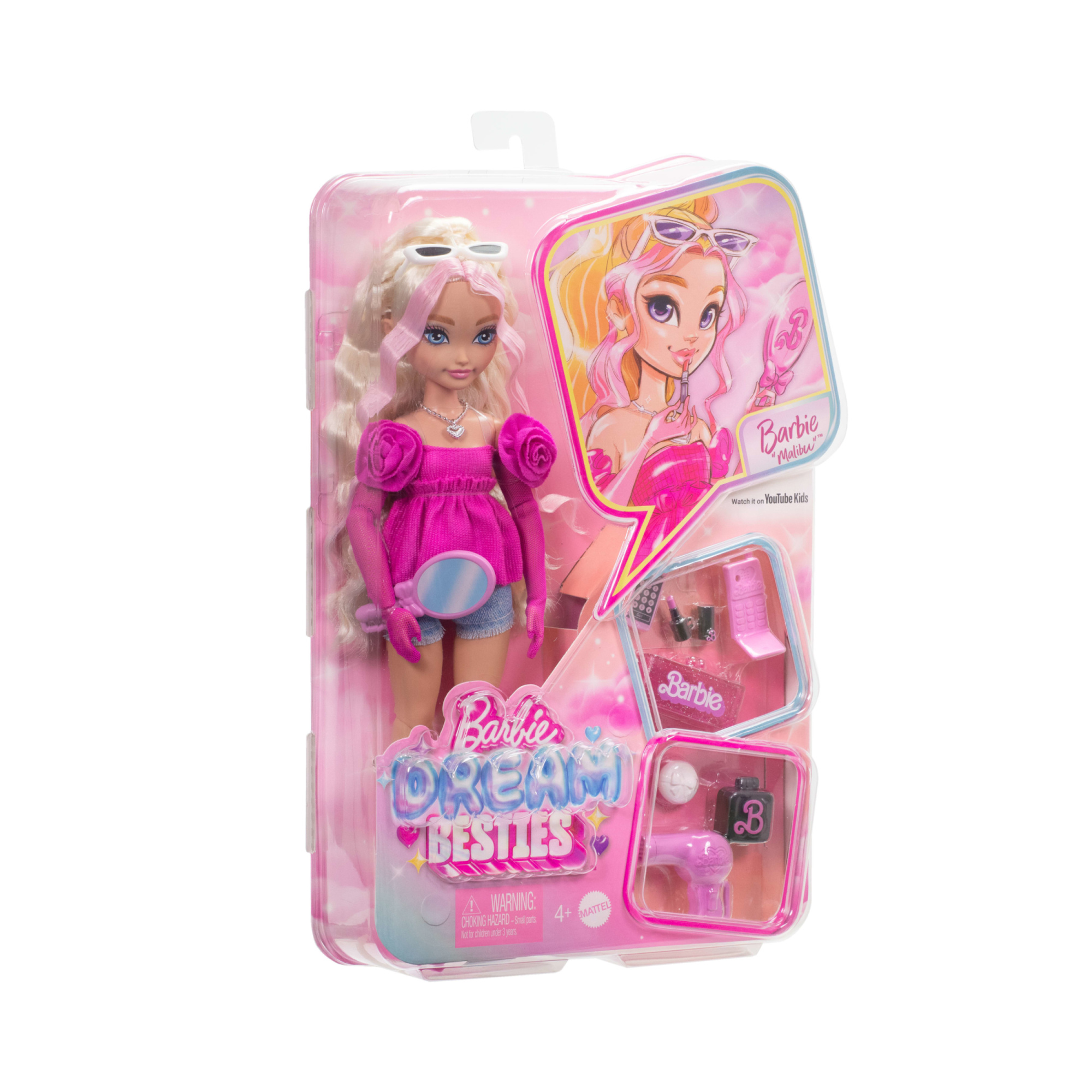 Barbie dream besties - barbie "malibu", bambola bionda alla moda con 11 accessori a tema capelli e make-up inclusi - Barbie