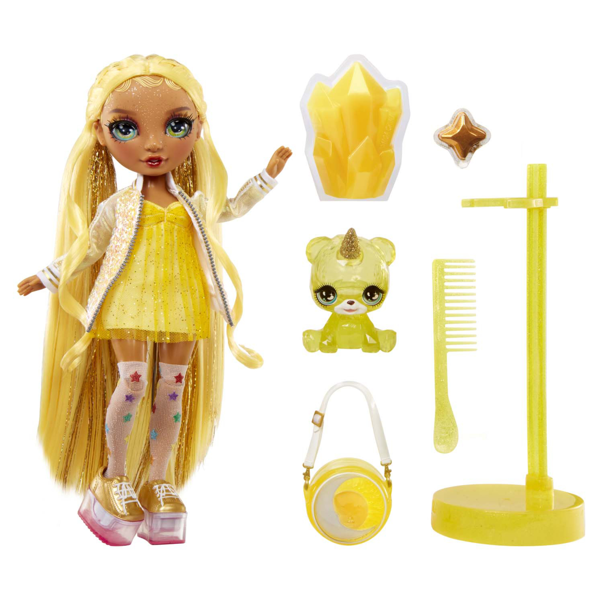 Rainbow high fashion doll con slime & animale - sunny (giallo) - bambola da 28 cm con slime scintillante, animale magico e accessori alla moda - Rainbow High