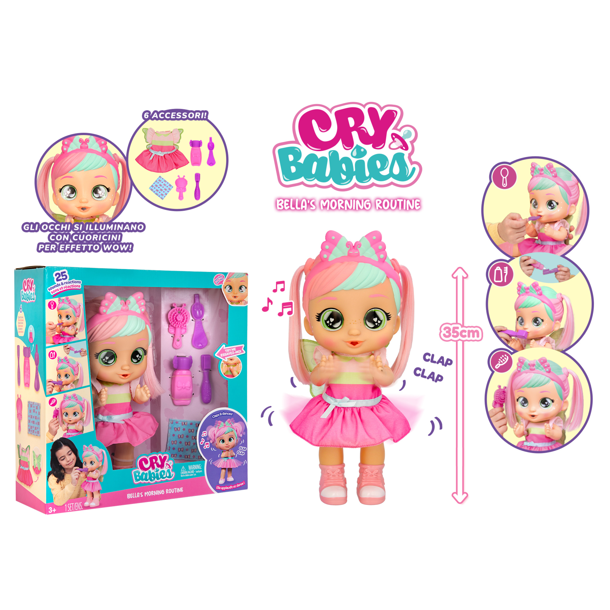 Cry babies bella morning routine, bambola con funzione: ride, applaude e balla. con accessori. - CRY BABIES