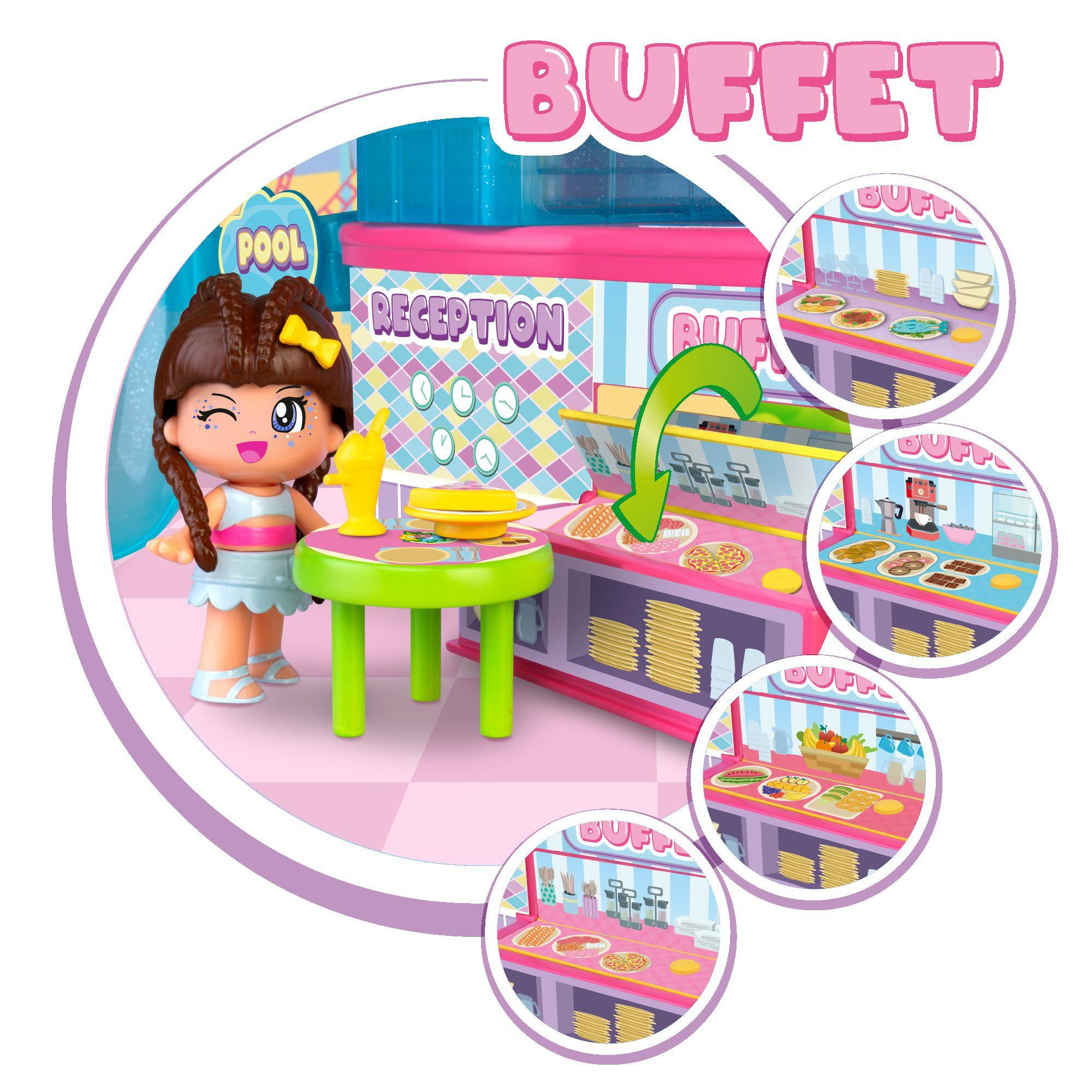 Pinypon 5 star hotel, play set con 2 personaggi e accessori, per bambine/i dai 4 anni - PINYPON