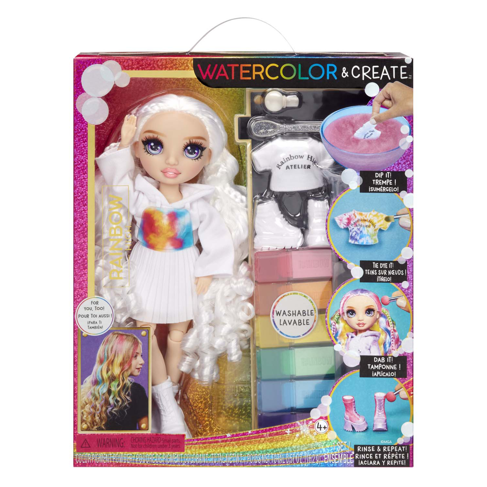 Rainbow high watercolour & create diy fashion doll: acquerelli lavabili, kit tie-dye, occhi viola, capelli ricci, top e scarpe extra - Rainbow High