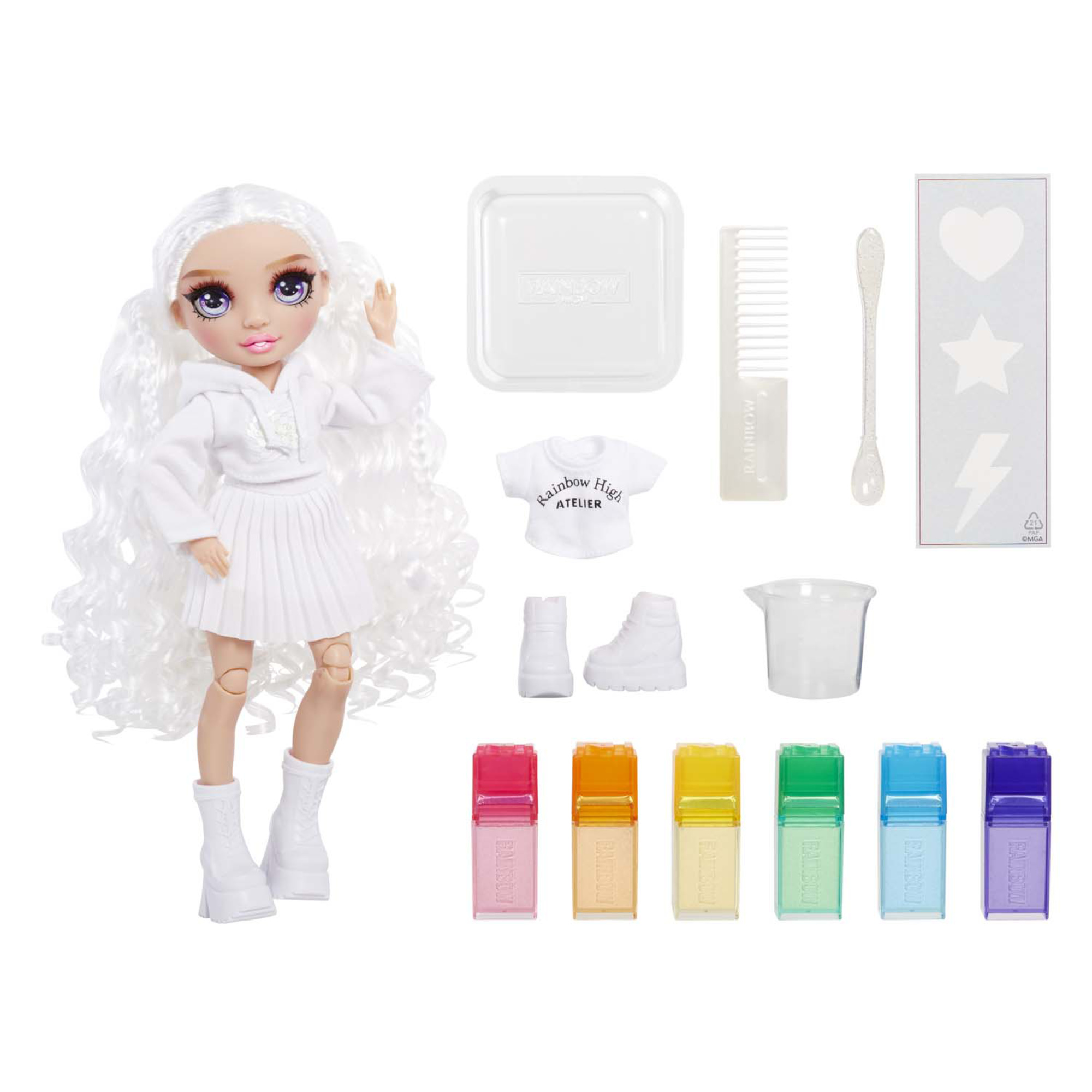 Rainbow high watercolour & create diy fashion doll: acquerelli lavabili, kit tie-dye, occhi viola, capelli ricci, top e scarpe extra - Rainbow High